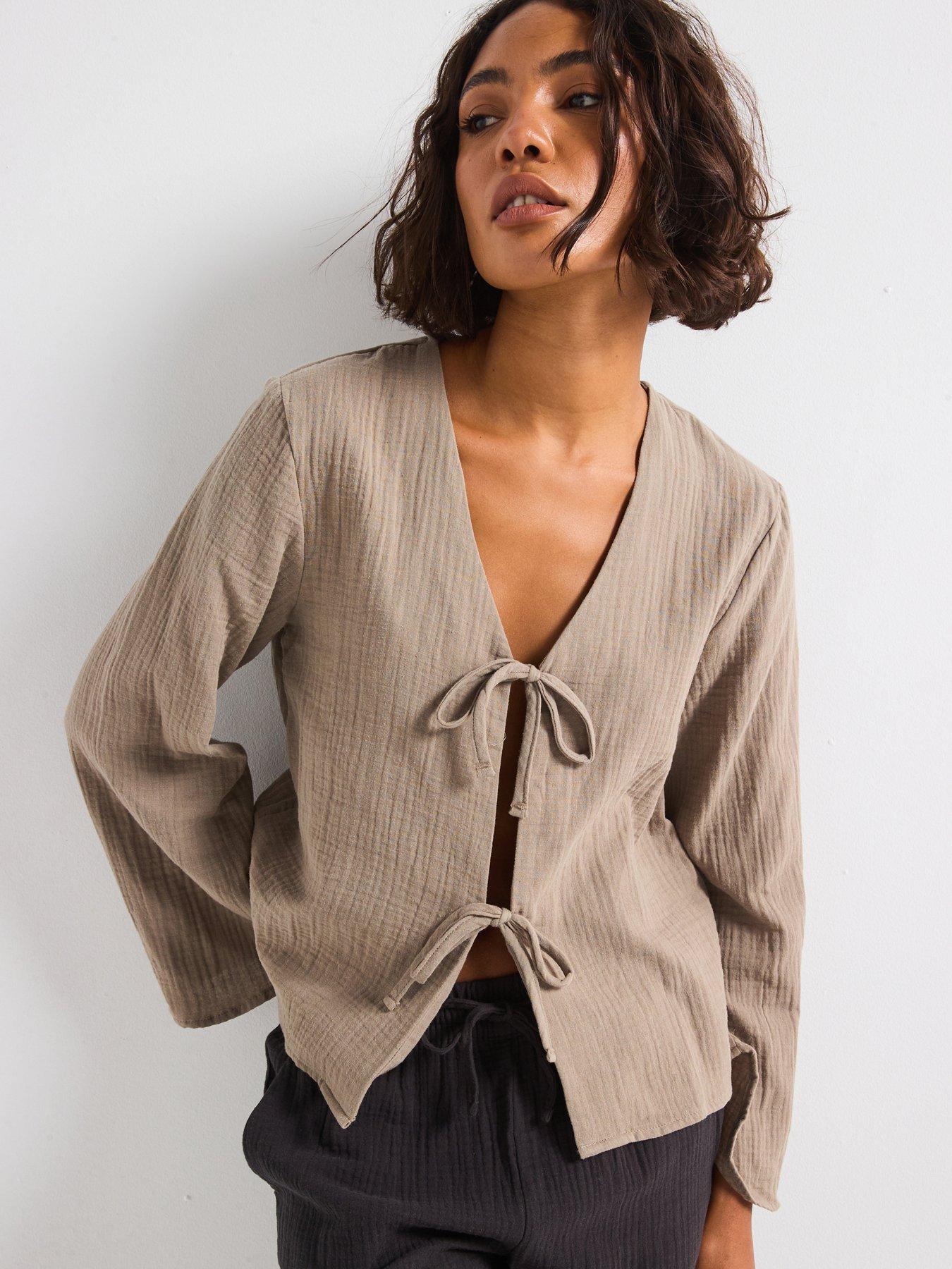 Image 1 of 6 of JDY Tie Detail Blouse - Brown