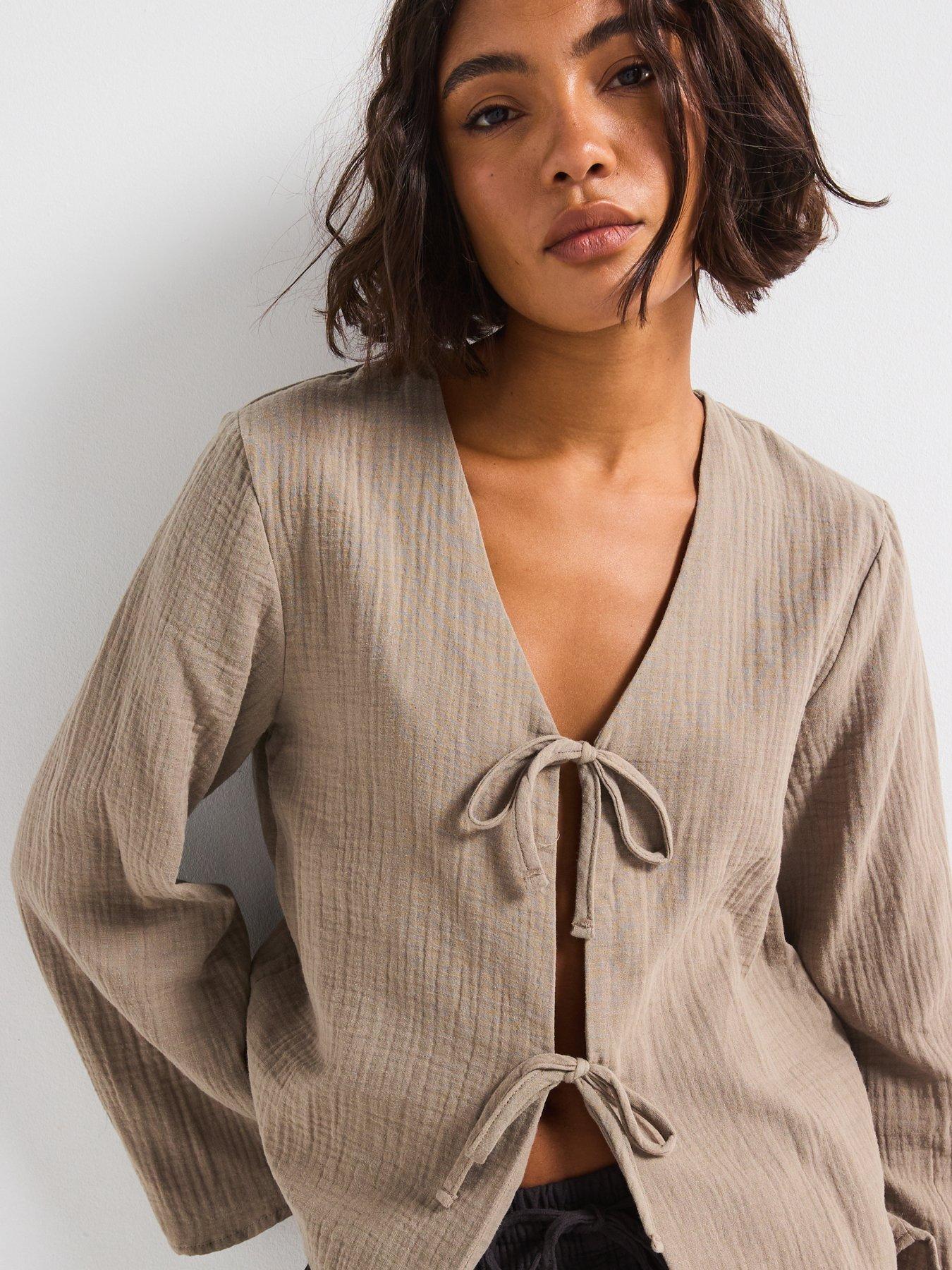 Image 4 of 6 of JDY Tie Detail Blouse - Brown