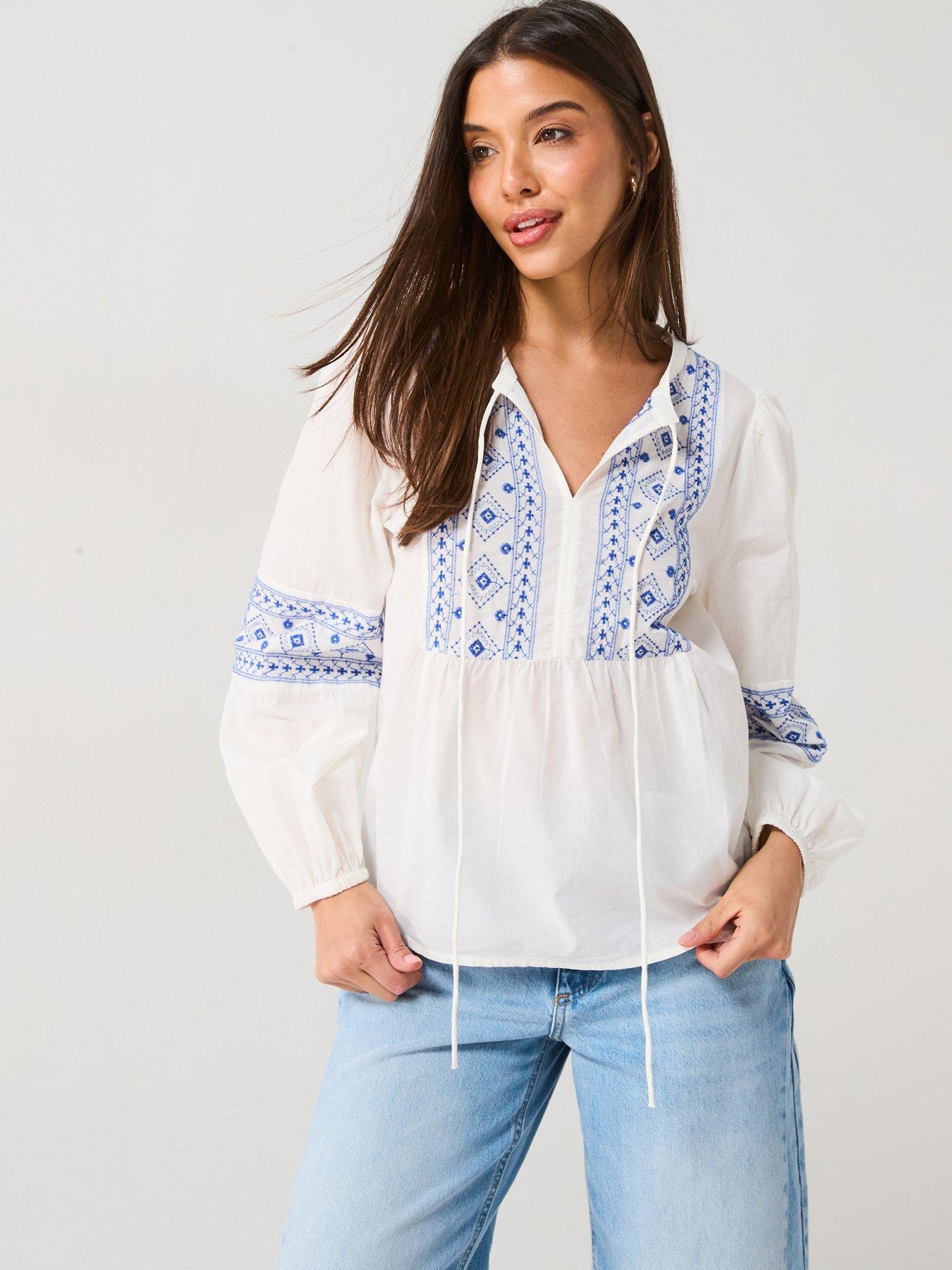 JDY Tie Detail Embroidered Blouse - Blue/White
