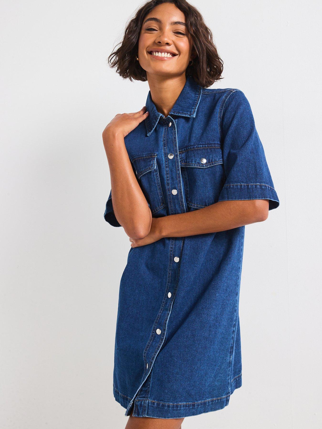 only-belle-short-sleeve-button-denim-dress-dark-blue