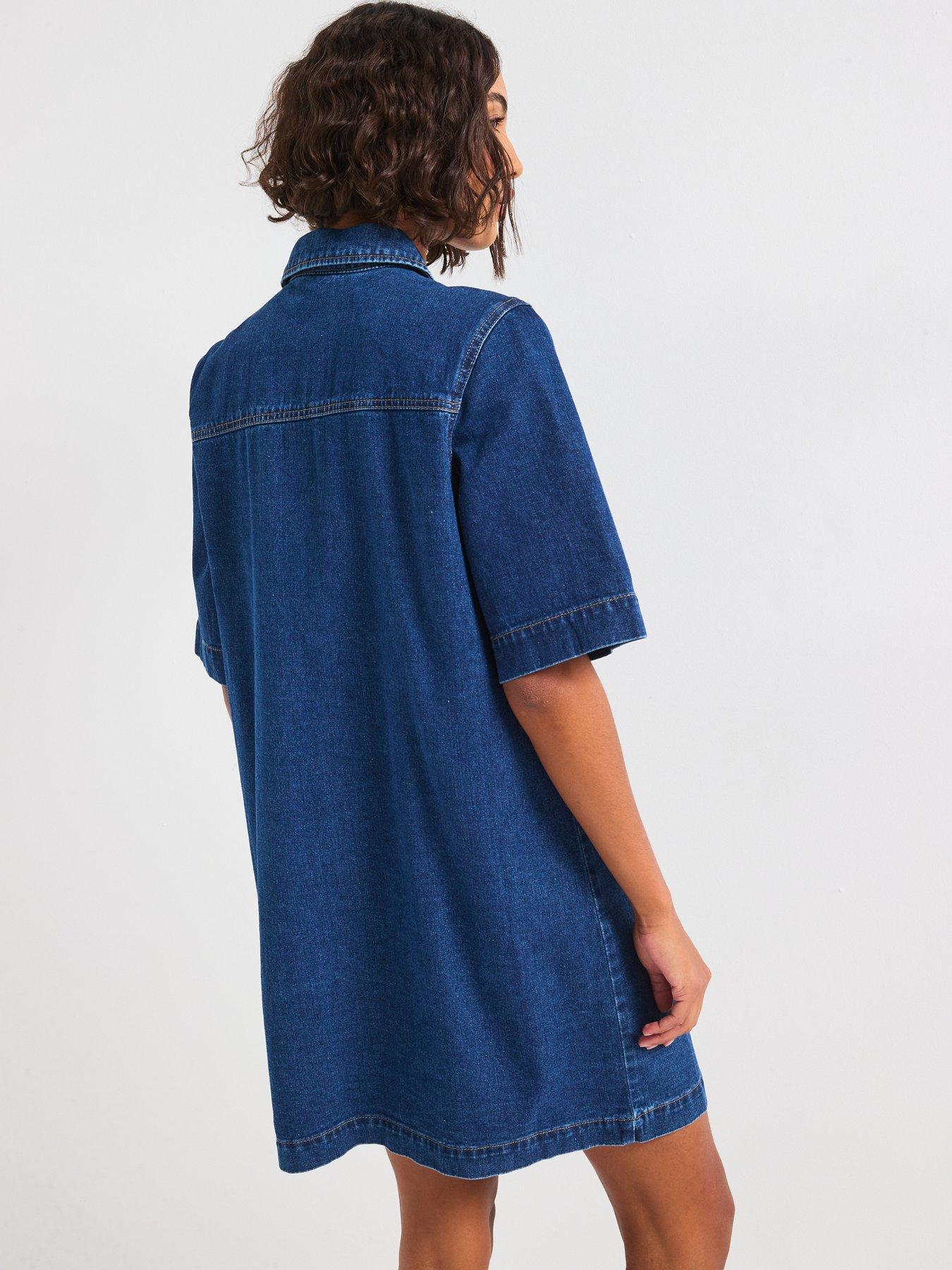 only-belle-short-sleeve-button-denim-dress-dark-bluestillFront