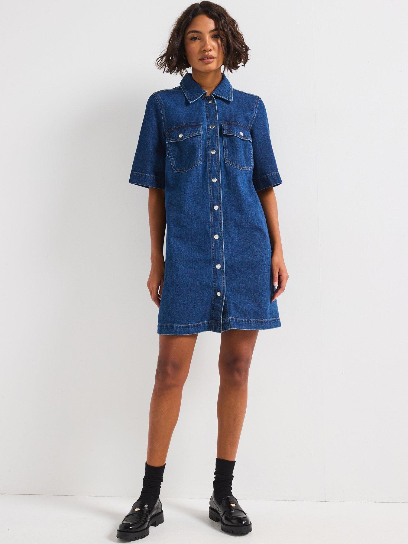 only-belle-short-sleeve-button-denim-dress-dark-blueback