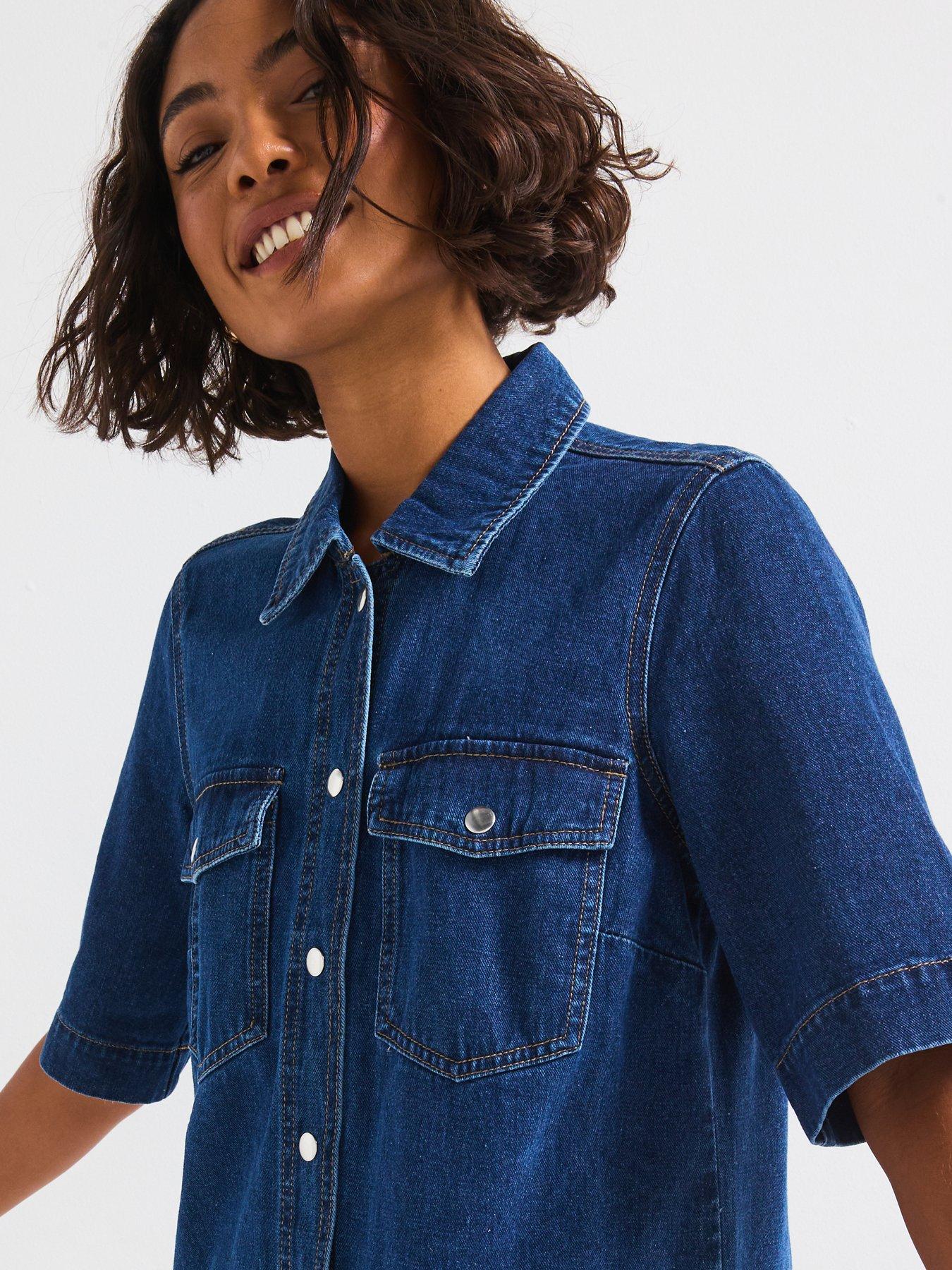 Only Belle Short Sleeve Button Denim Dress - Dark Blue | Very Ireland