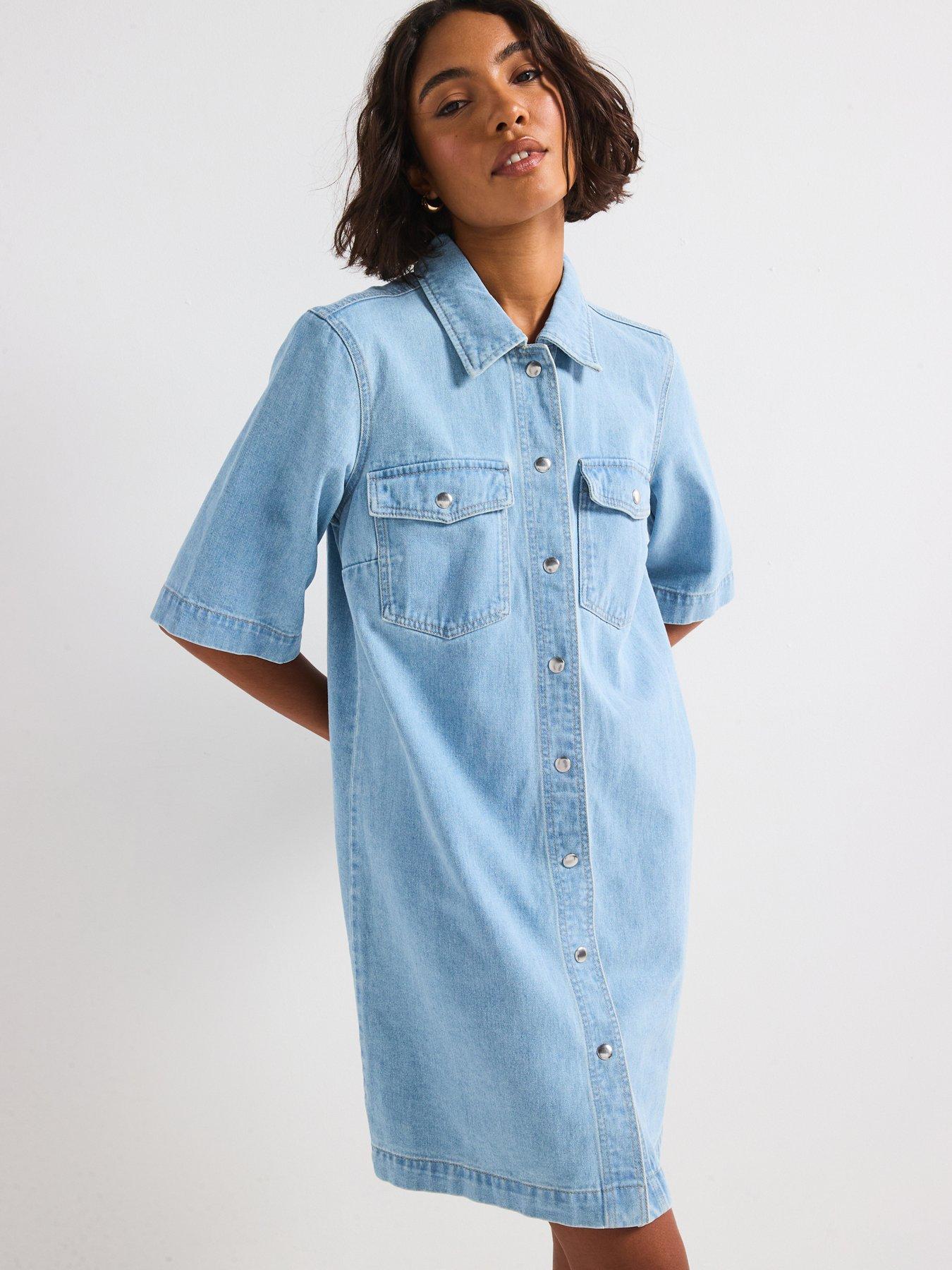 only-belle-short-sleeve-button-denim-dress-light-blue