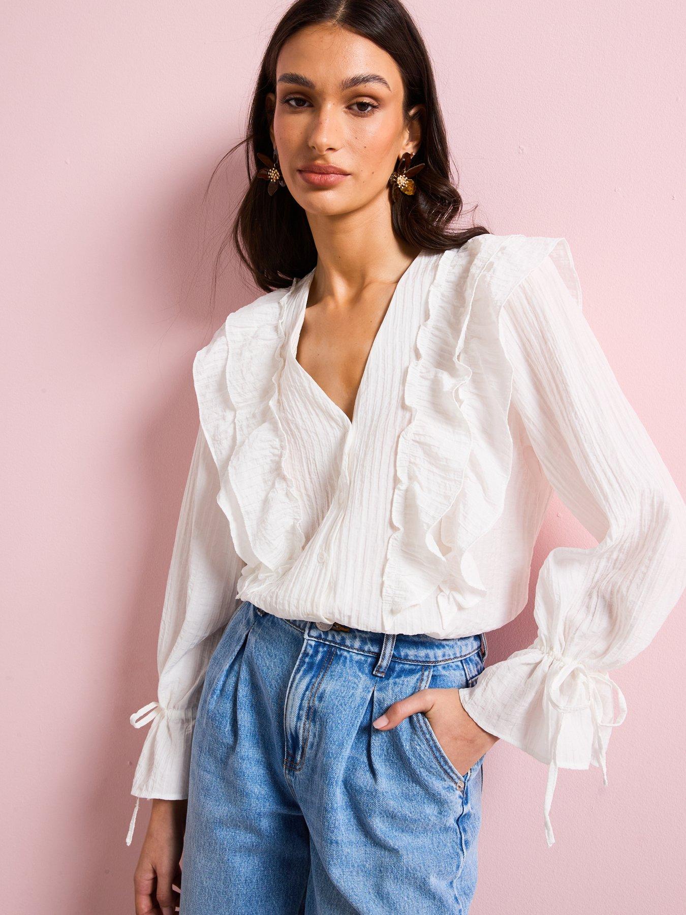 Image 2 of 6 of Vero Moda Frill Detail V Neck Blouse - White