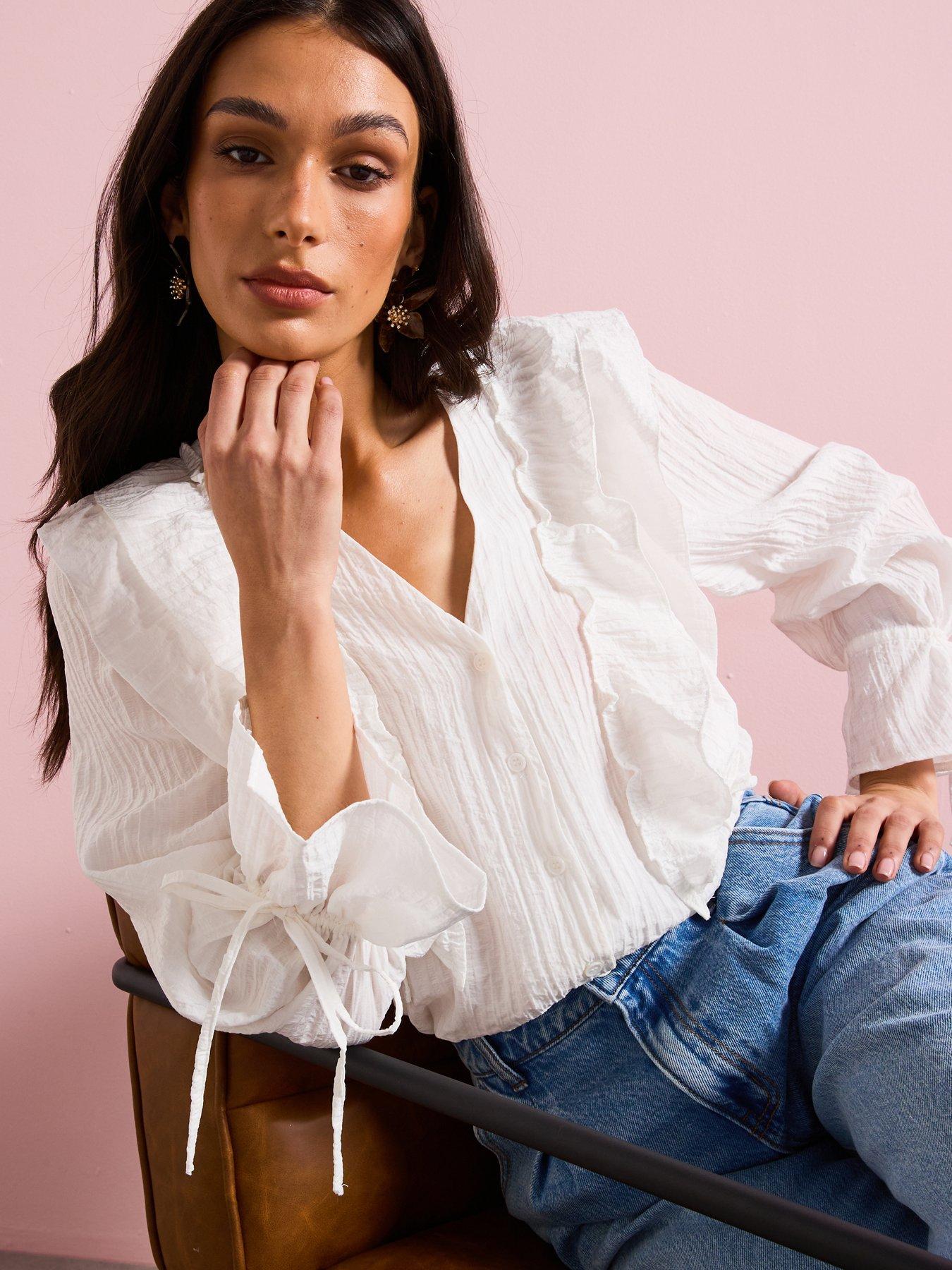 Image 5 of 6 of Vero Moda Frill Detail V Neck Blouse - White