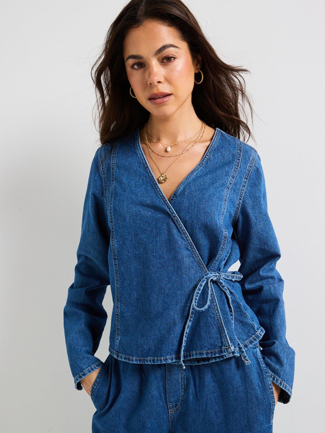 PIECES Tabi Long Sleeve Denim Wrap Shirt - Blue