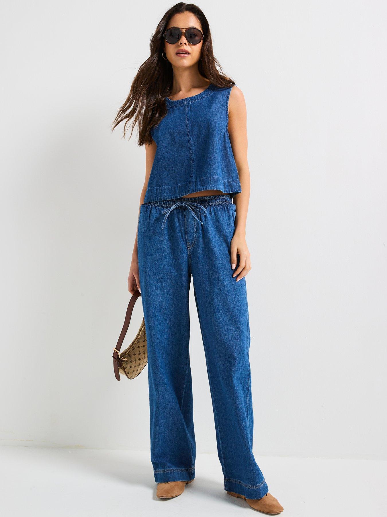 Image 3 of 4 of PIECES Tabi Mid Waist Pull Denim Trousers - Blue