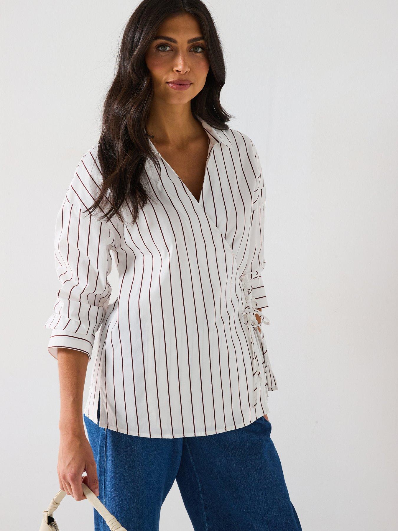 Image 1 of 6 of Only Tie Detail Stripe Cross Over Shirt - White