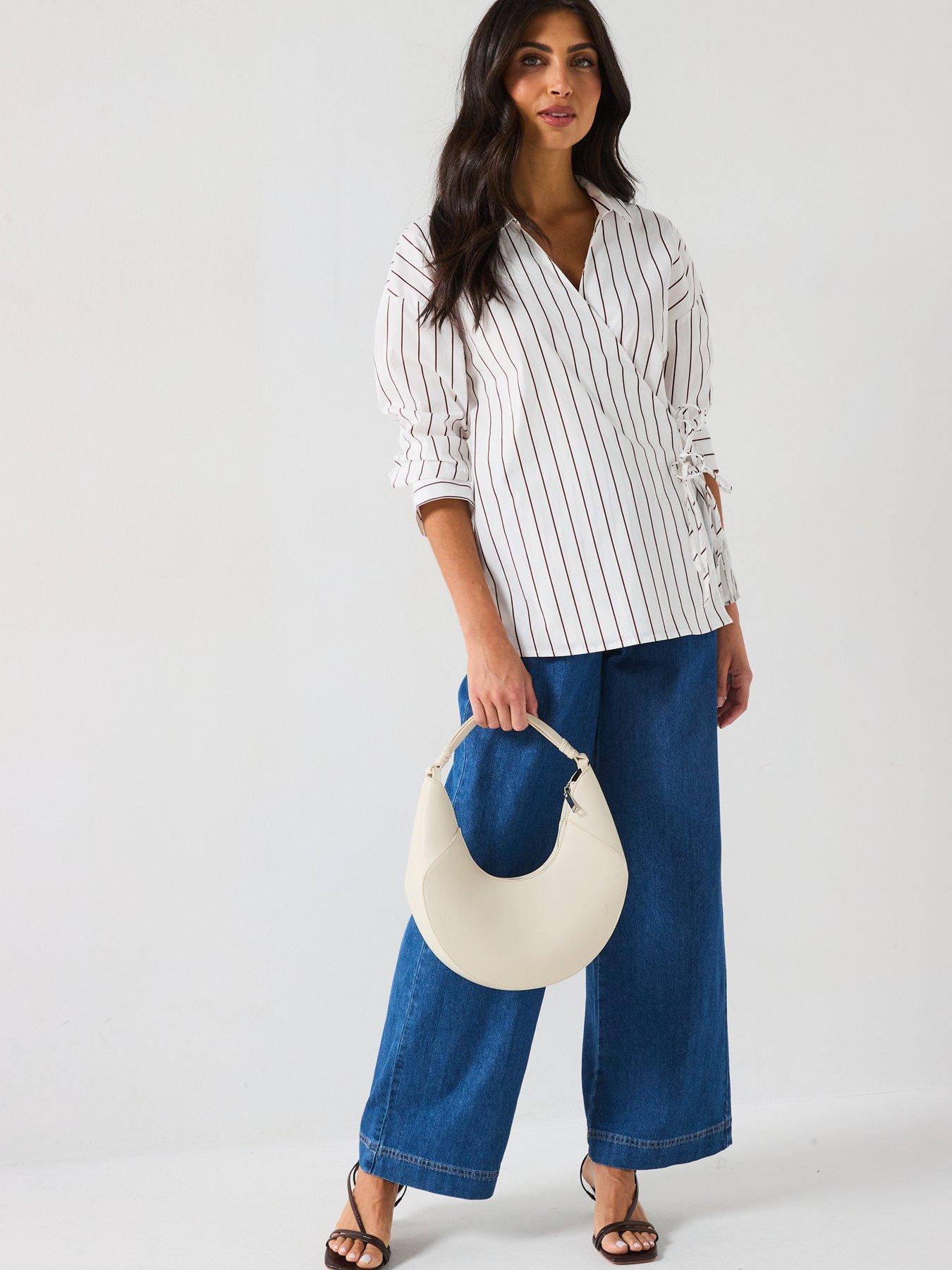 Image 5 of 6 of Only Tie Detail Stripe Cross Over Shirt - White