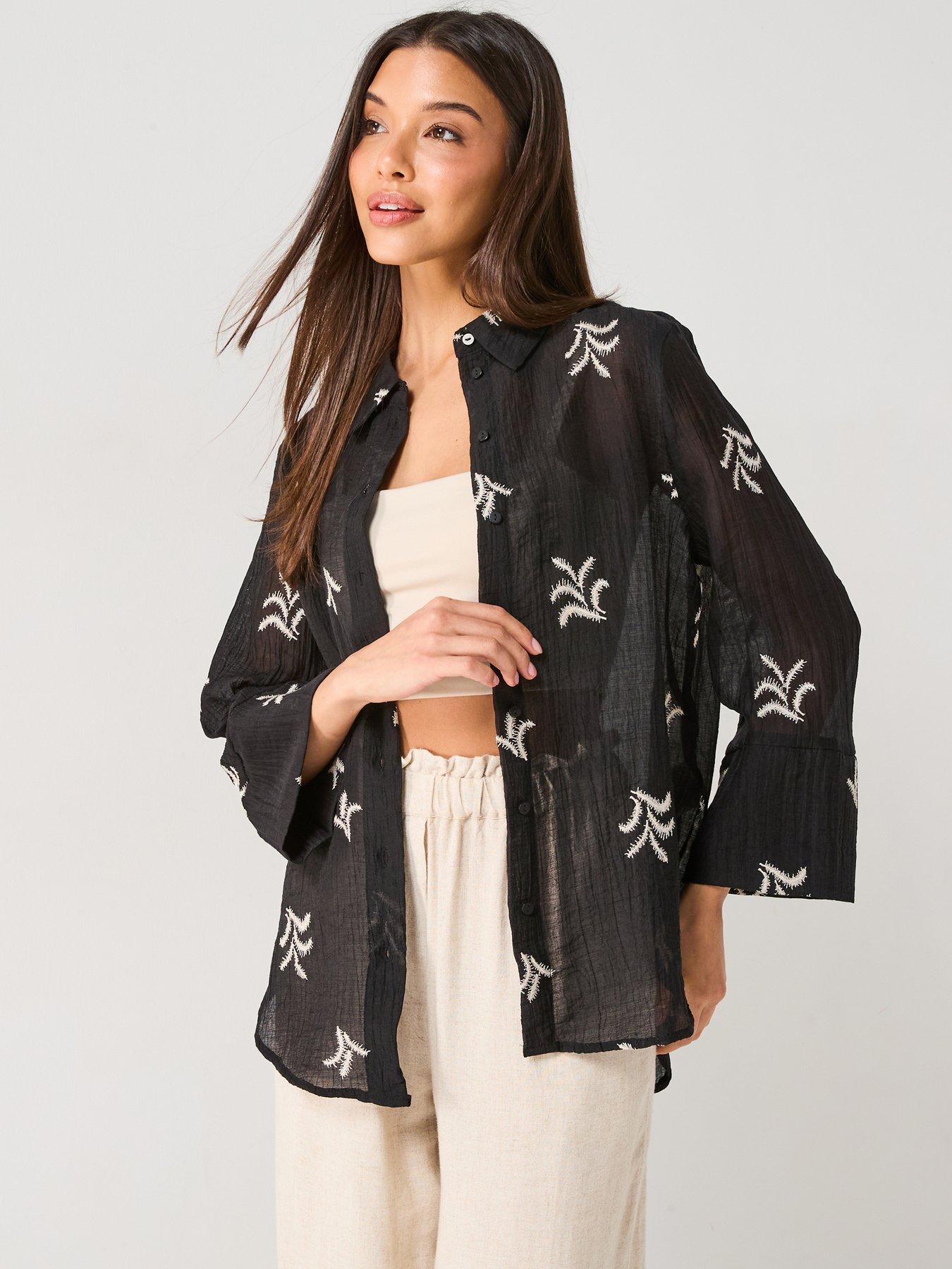 JDY Semi Sheer Embroidered Shirt - Black