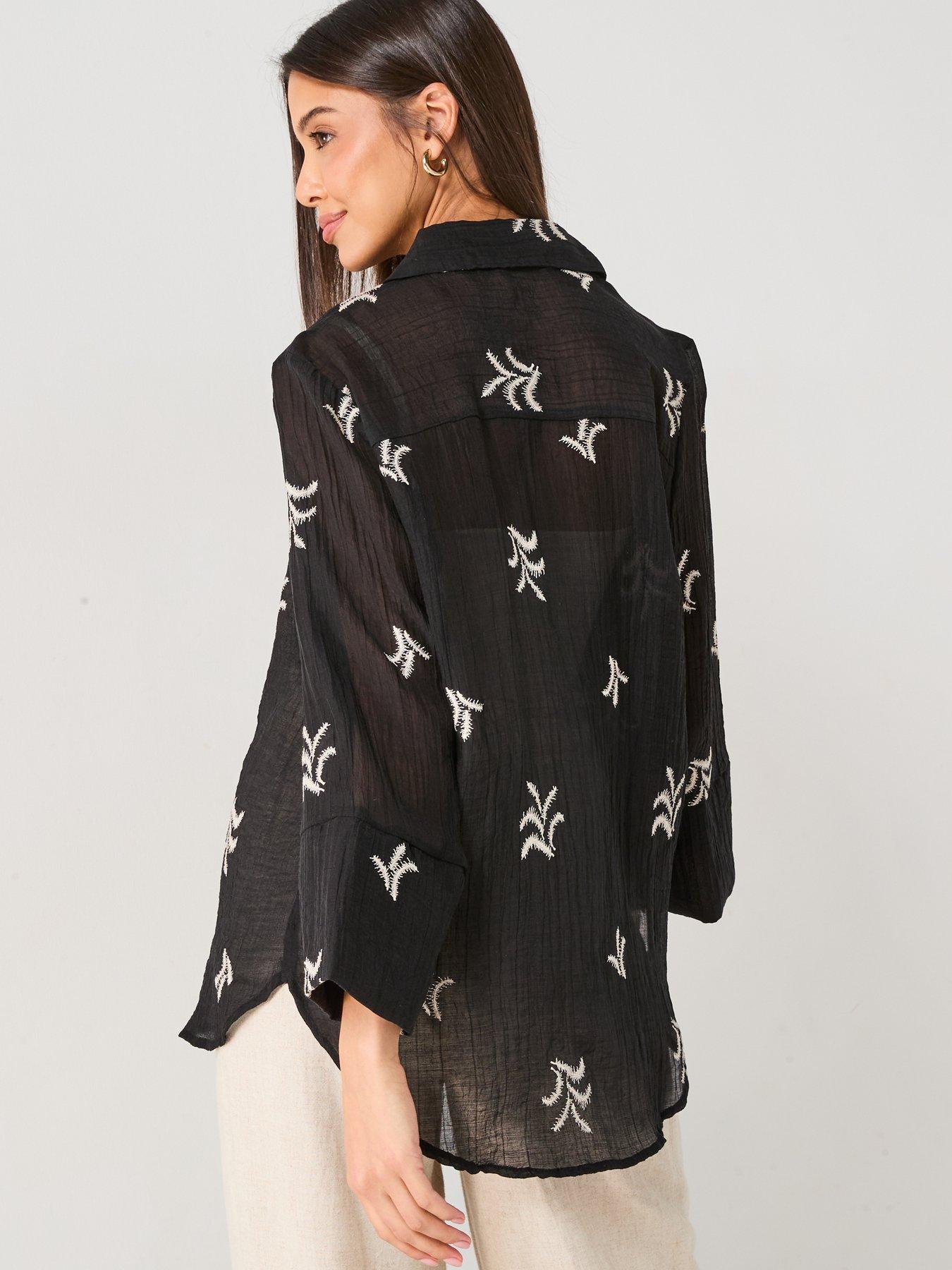 Image 2 of 5 of JDY Semi Sheer Embroidered Shirt - Black