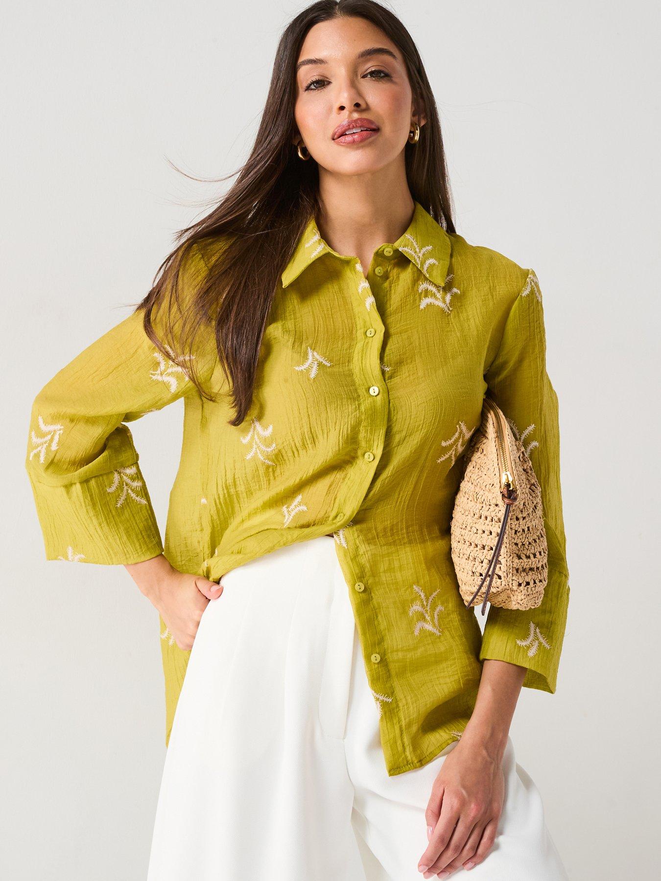Image 1 of 6 of JDY Semi Sheer Embroidered Shirt - Green