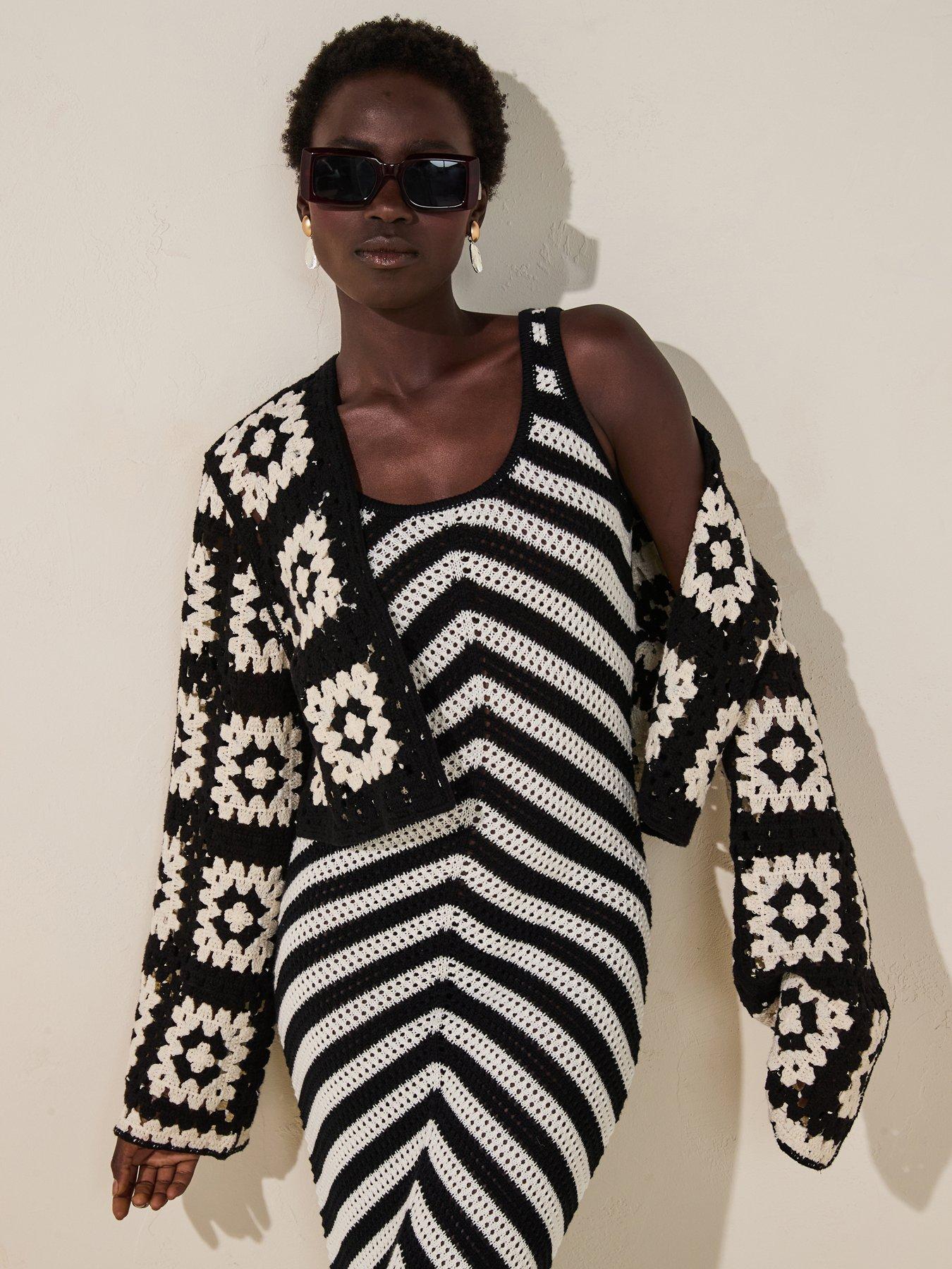 undefined Cotton Rich Cropped Crochet Cardigan - Black/white