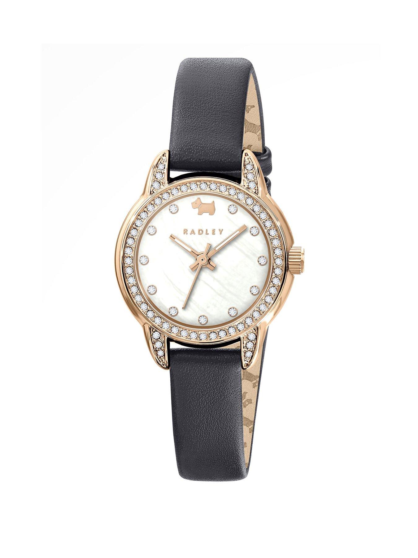undefined Radley Rose Gold Plated Stone Set Mother of Pearl Dark Blue Leather Strap Watch
