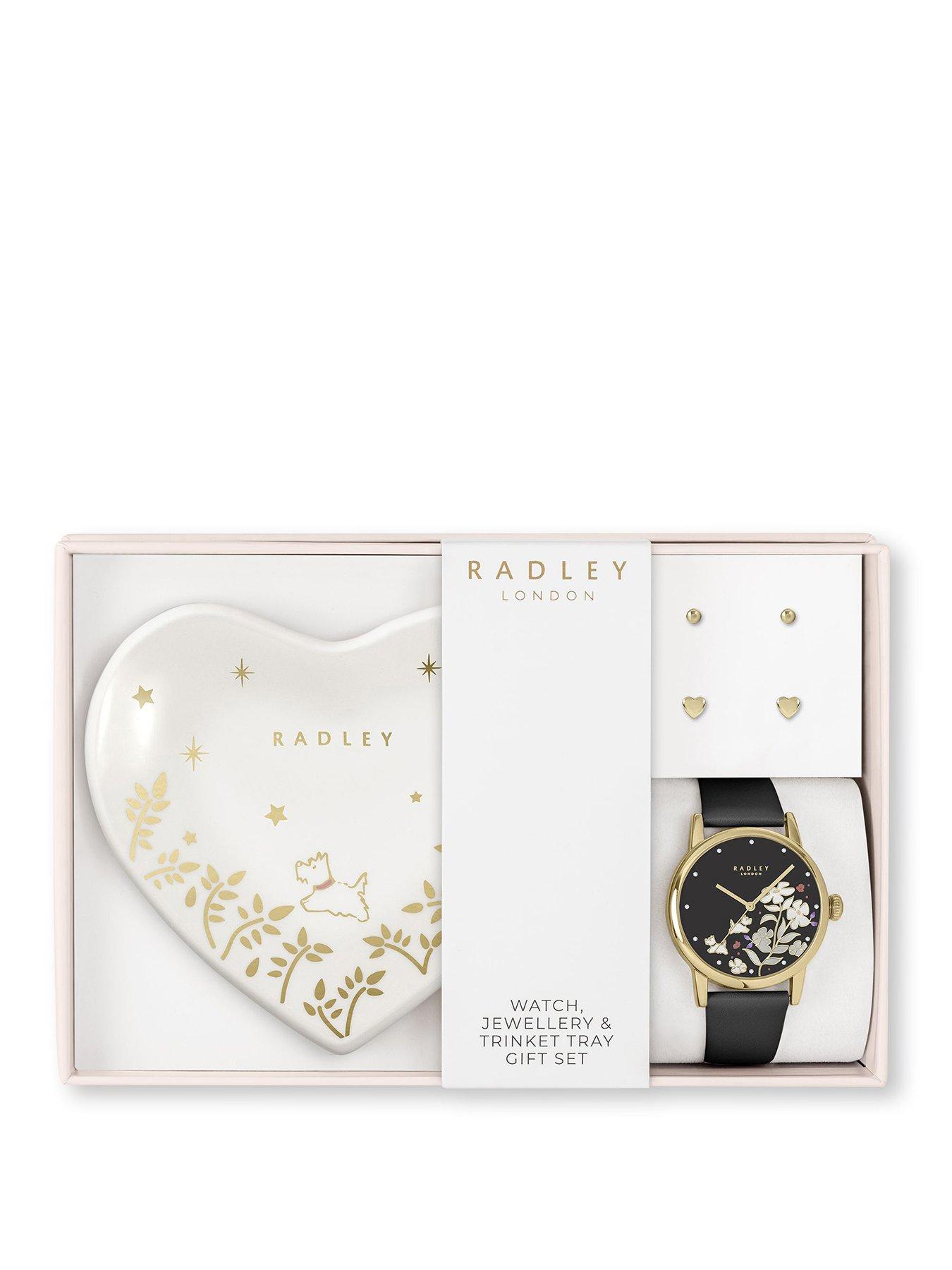 undefined Radley Gold Plated Black Leather Strap Watch, 18ct Gold Plated Heart Twin Pack Earrings  &  Heart Ceramic Trinket Tray Set