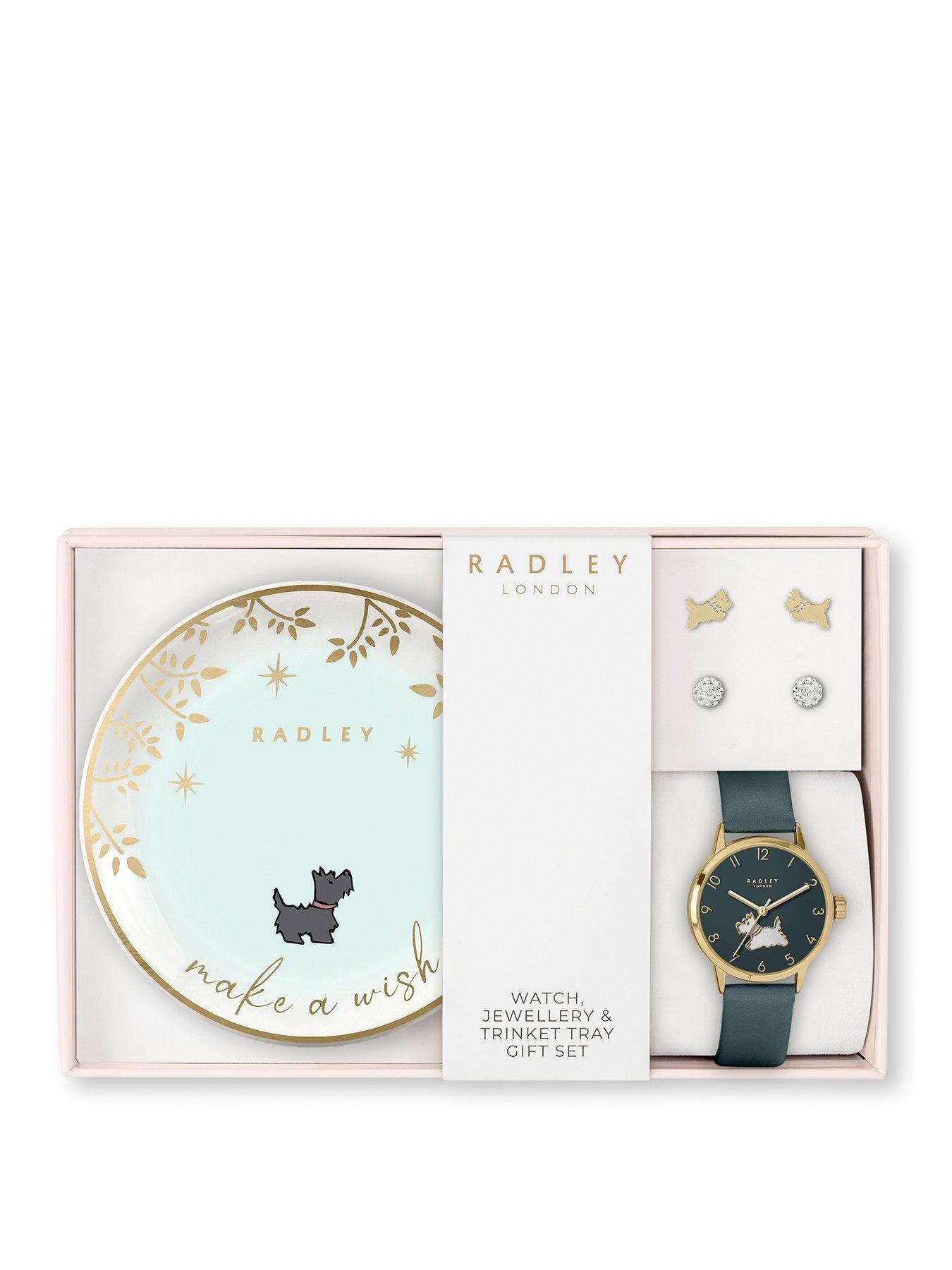 radley-radley-gold-plated-deep-sea-leather-strap-watch-18ct-gold-plated-twin-pack-earrings-amp-ceramic-trinket-tray-set