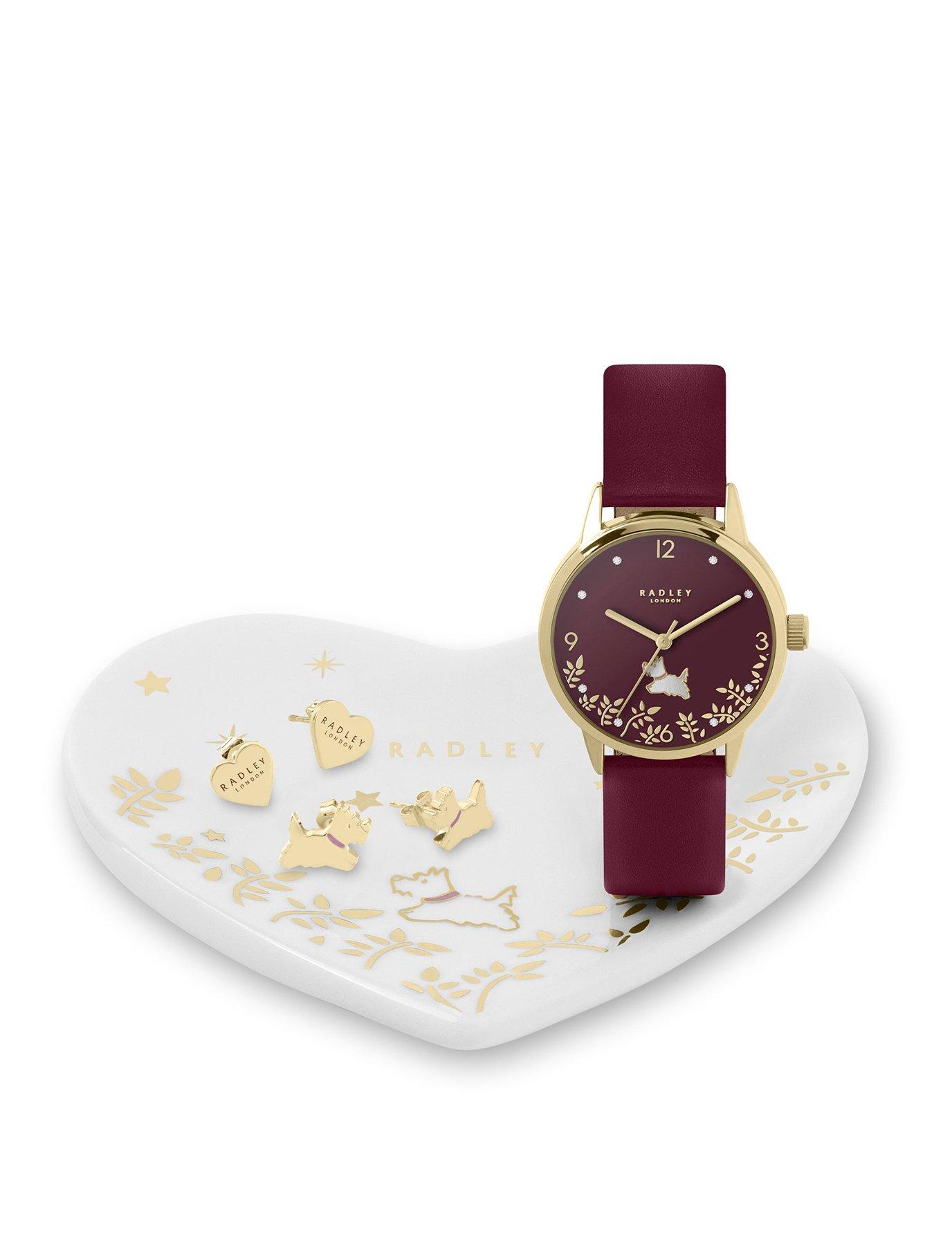 Radley Radley Gold Plated Cranberry Red Leather Watch, 18ct Gold Plated Earring Twin pack and Ceramic Trinket Tray Set