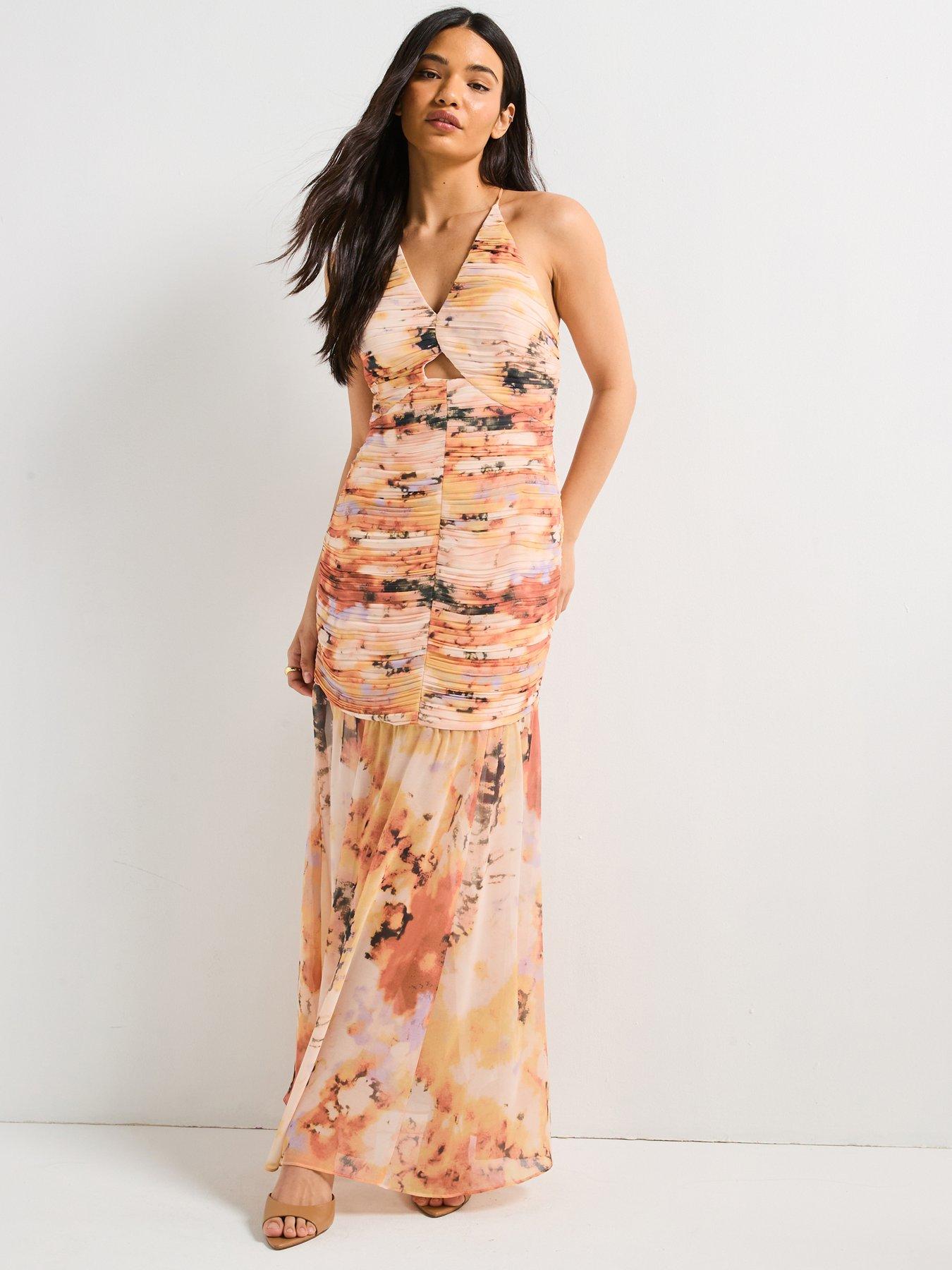 V by Very Fishtail Dropped Waist Printed Maxi Dress - Print