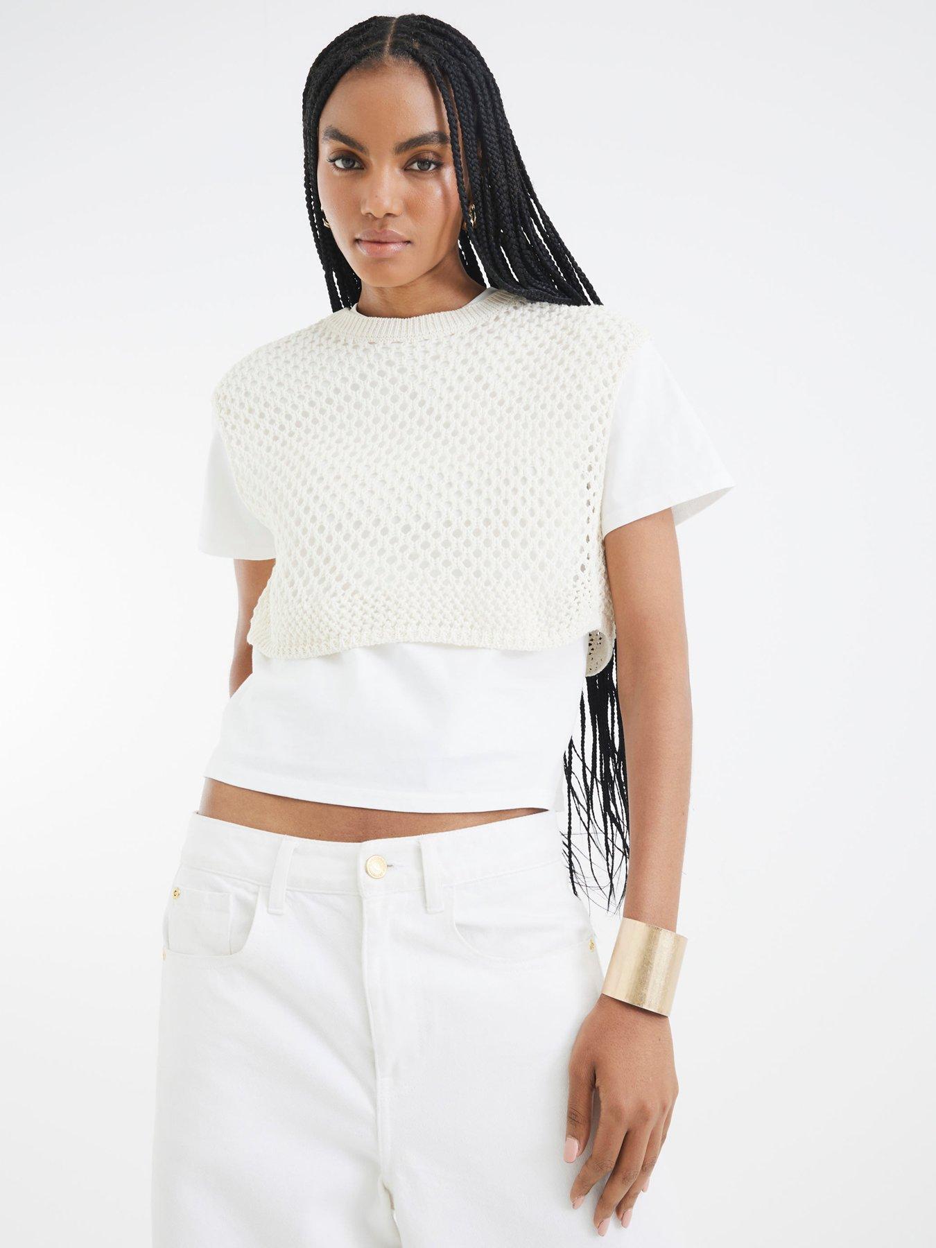 River Island Crochet Overlay Tee - Cream