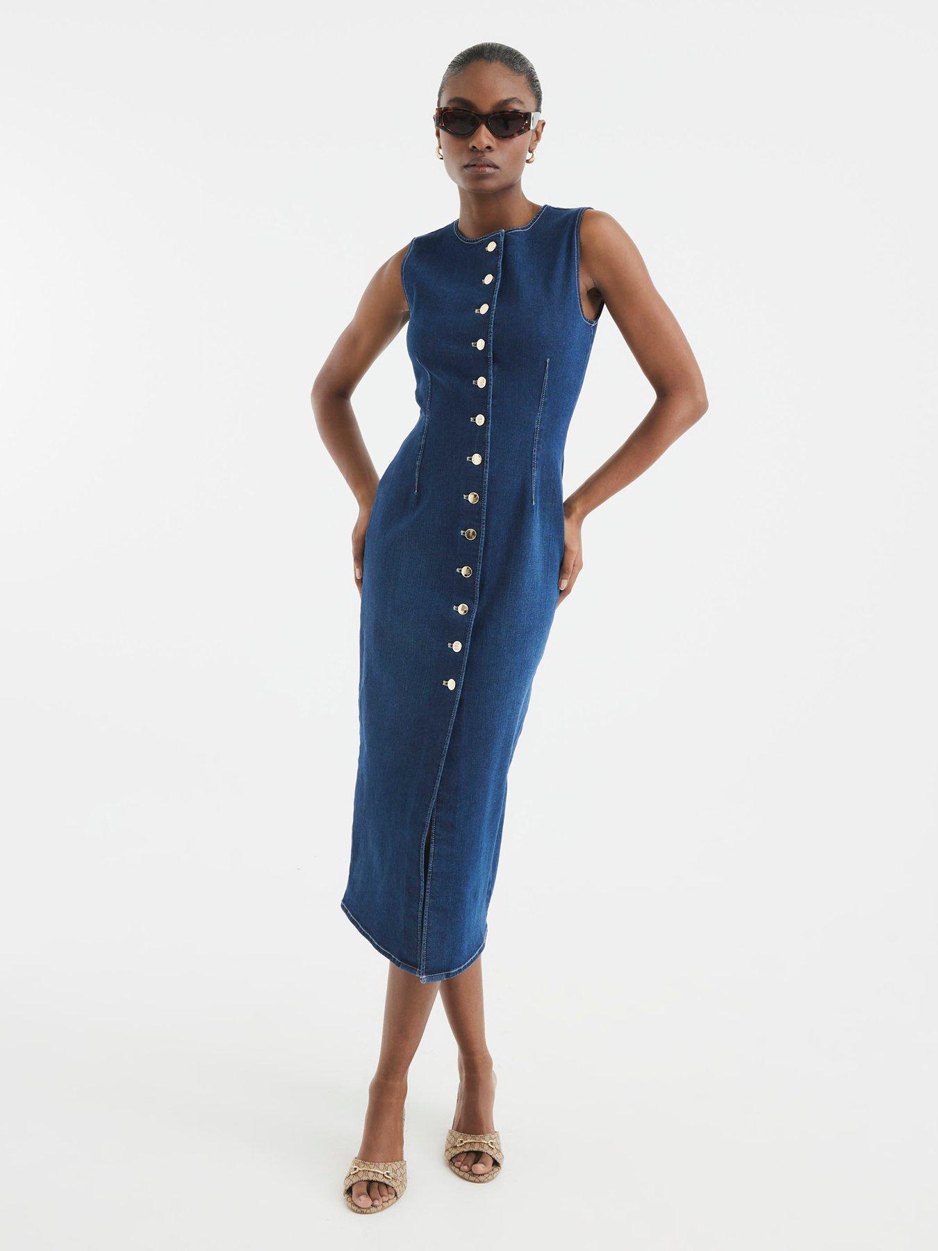 River Island Button Front Midi Bodycon Dress Dark Denim Blue