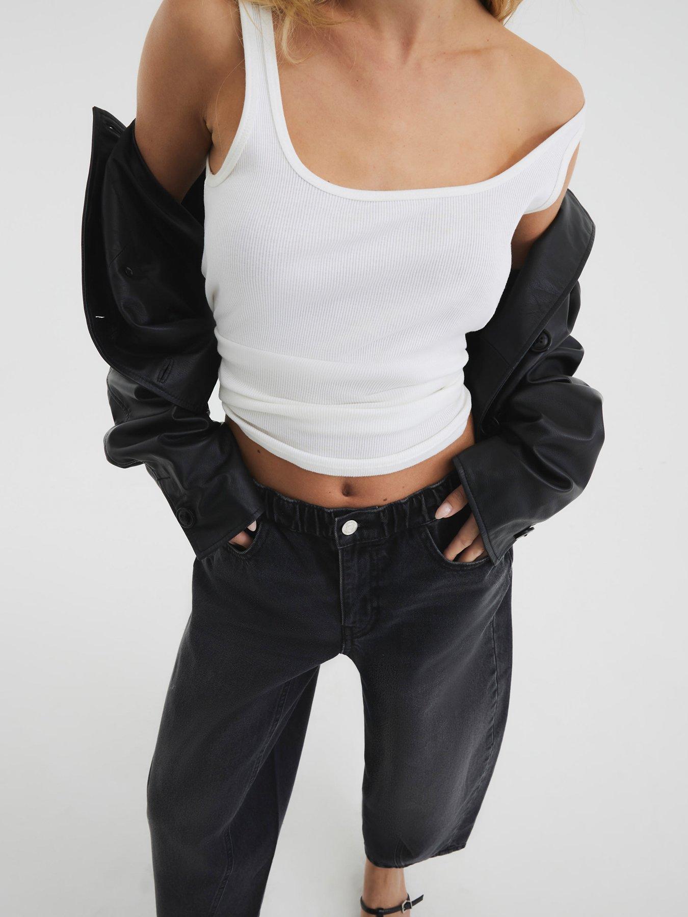 Image 4 of 4 of River Island Petite Elasticated Barrel Leg Jeans - Black