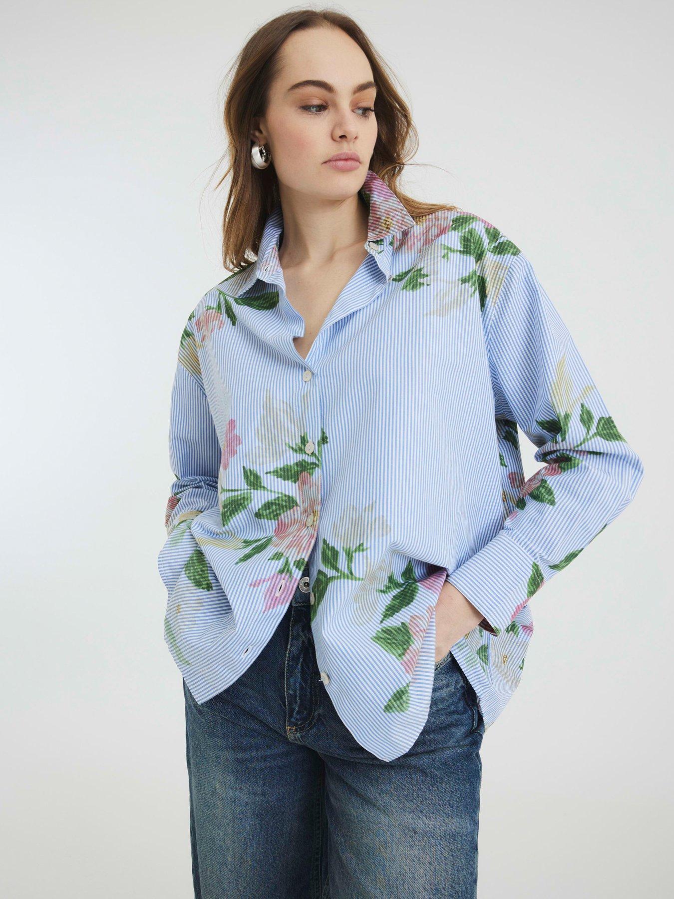 Image 1 of 4 of River Island Long Sleeve Floral Stripe Mix Shirt - Blue