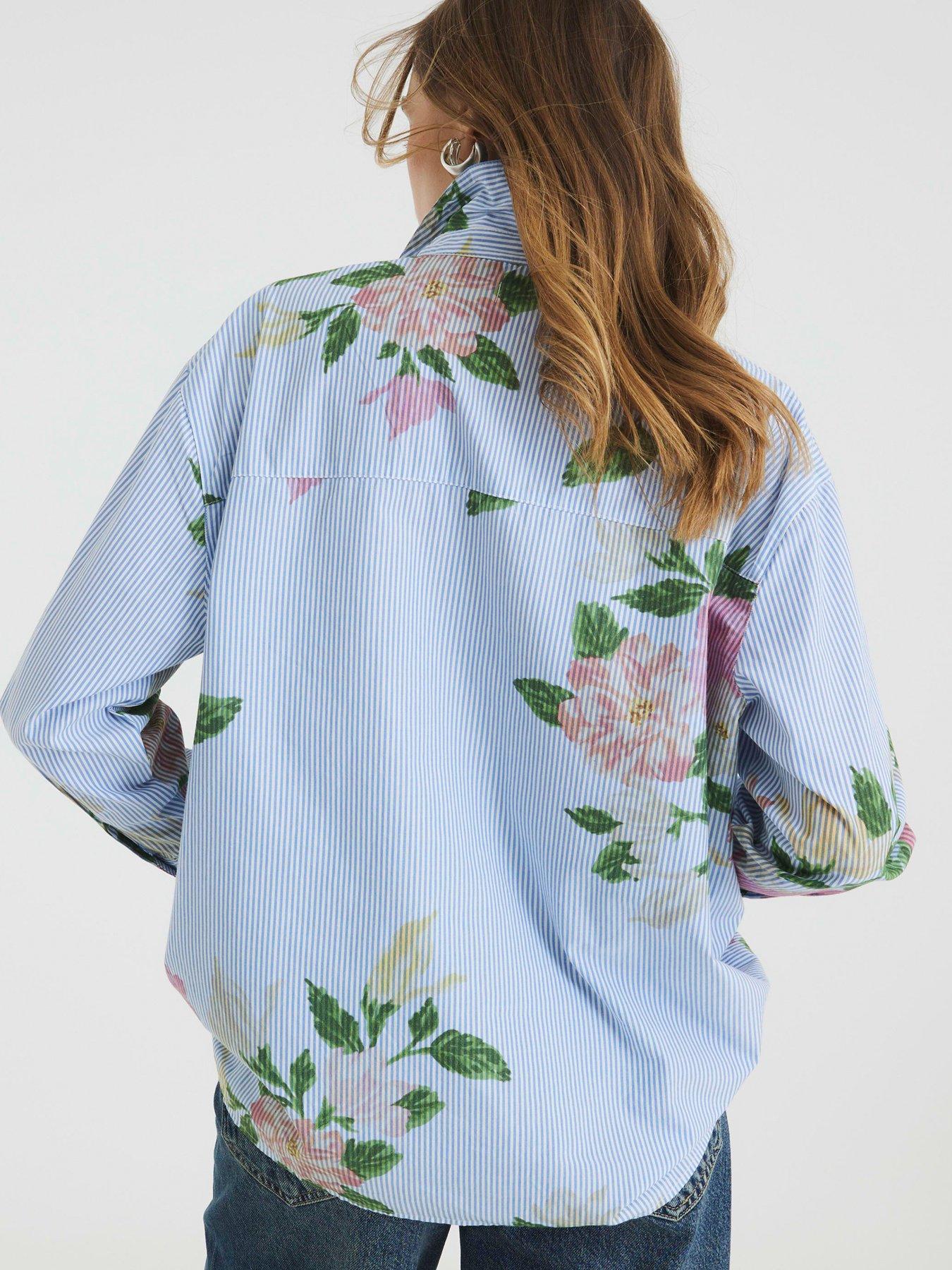 Image 2 of 4 of River Island Long Sleeve Floral Stripe Mix Shirt - Blue