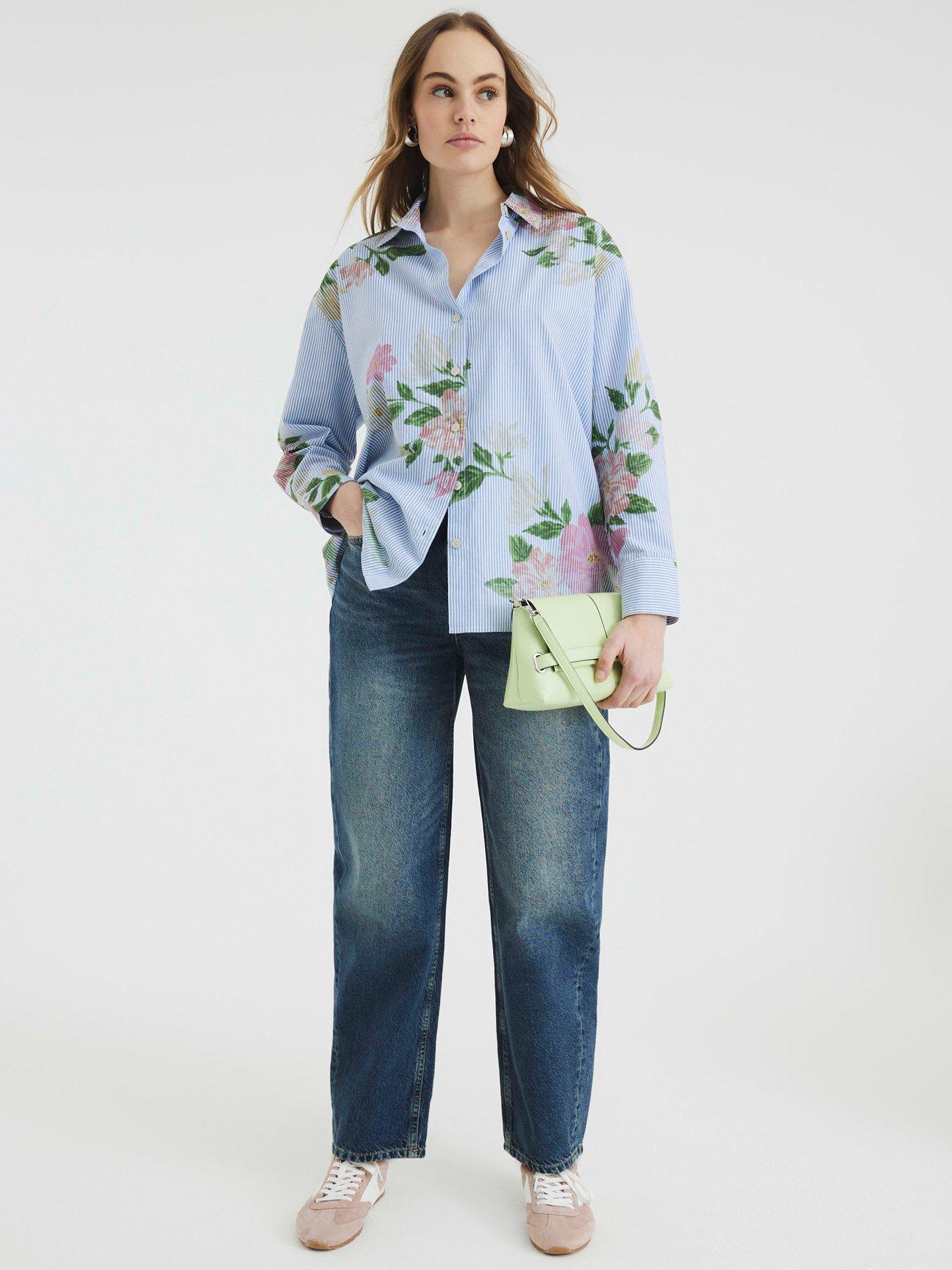 Image 3 of 4 of River Island Long Sleeve Floral Stripe Mix Shirt - Blue