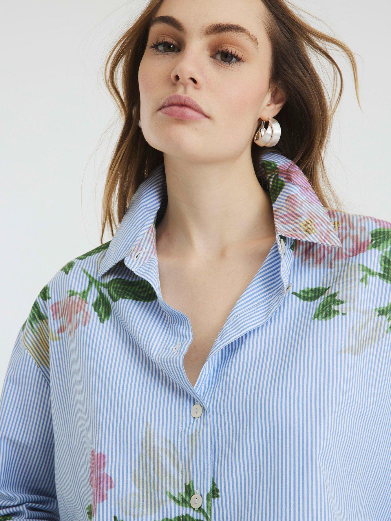 Image 4 of 4 of River Island Long Sleeve Floral Stripe Mix Shirt - Blue