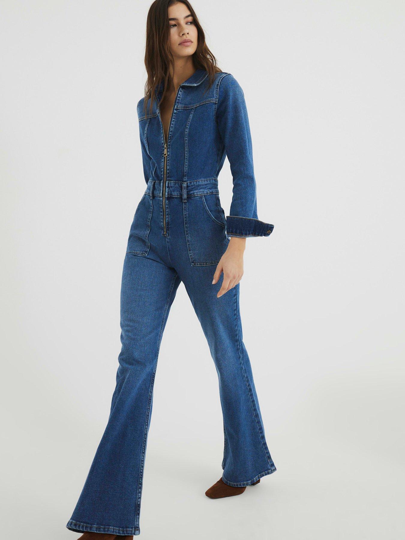 undefined Denim Relaxed Flare Leg Jumpsuit - Medium Denim