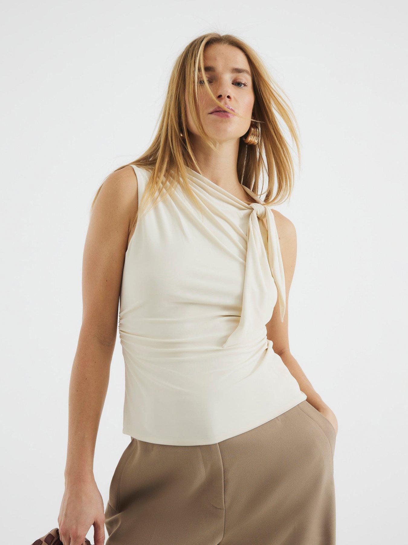 river-island-knot-detail-drape-top-cream