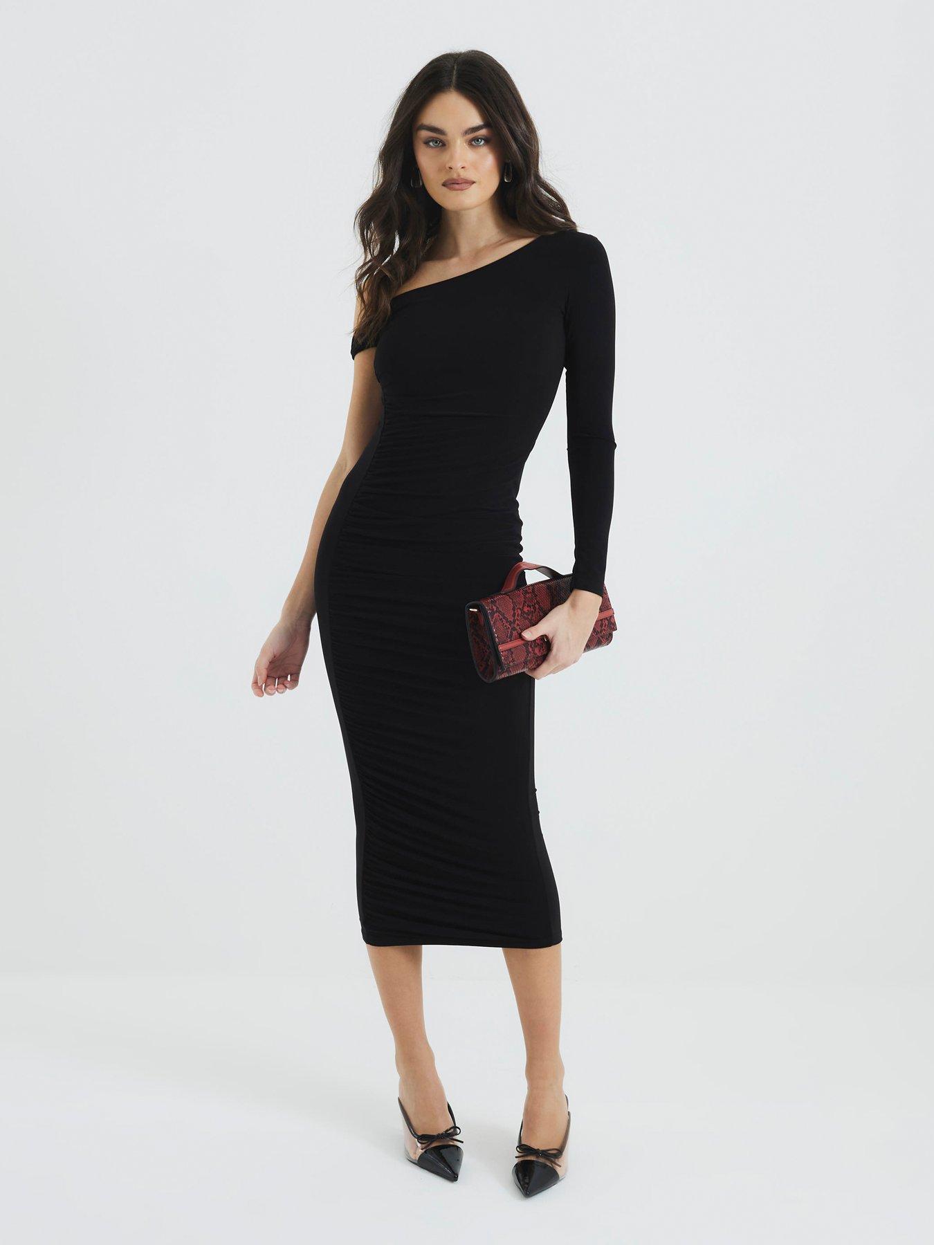 river-island-asymmetric-twist-ruched-midi-dress-black