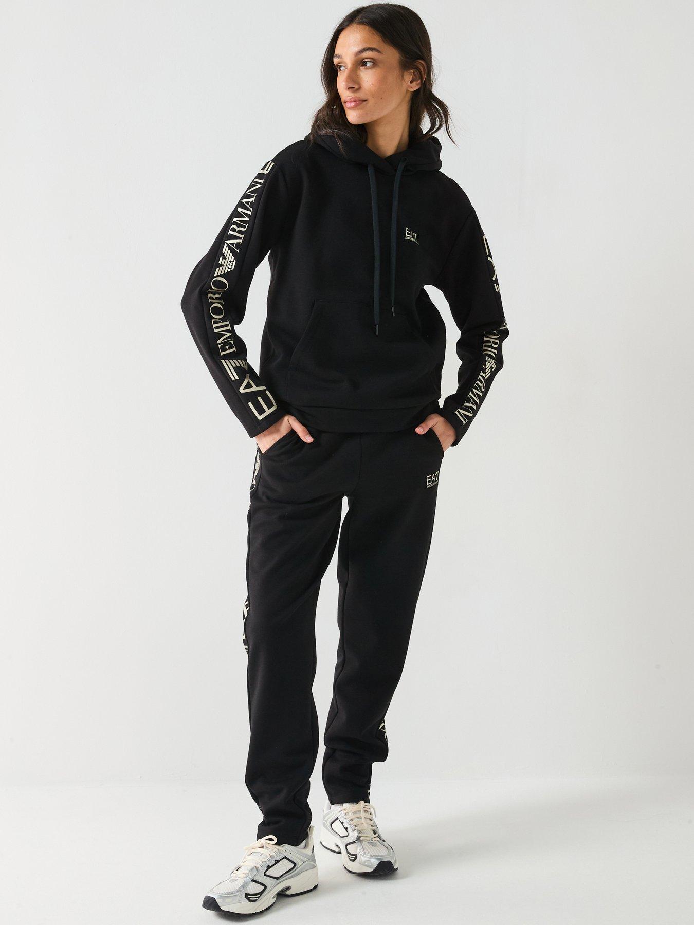 Image 1 of 6 of EA7 Emporio Armani Train Extended Logo Overhead Hoody and Jogger Tracksuit - Black/Gold
