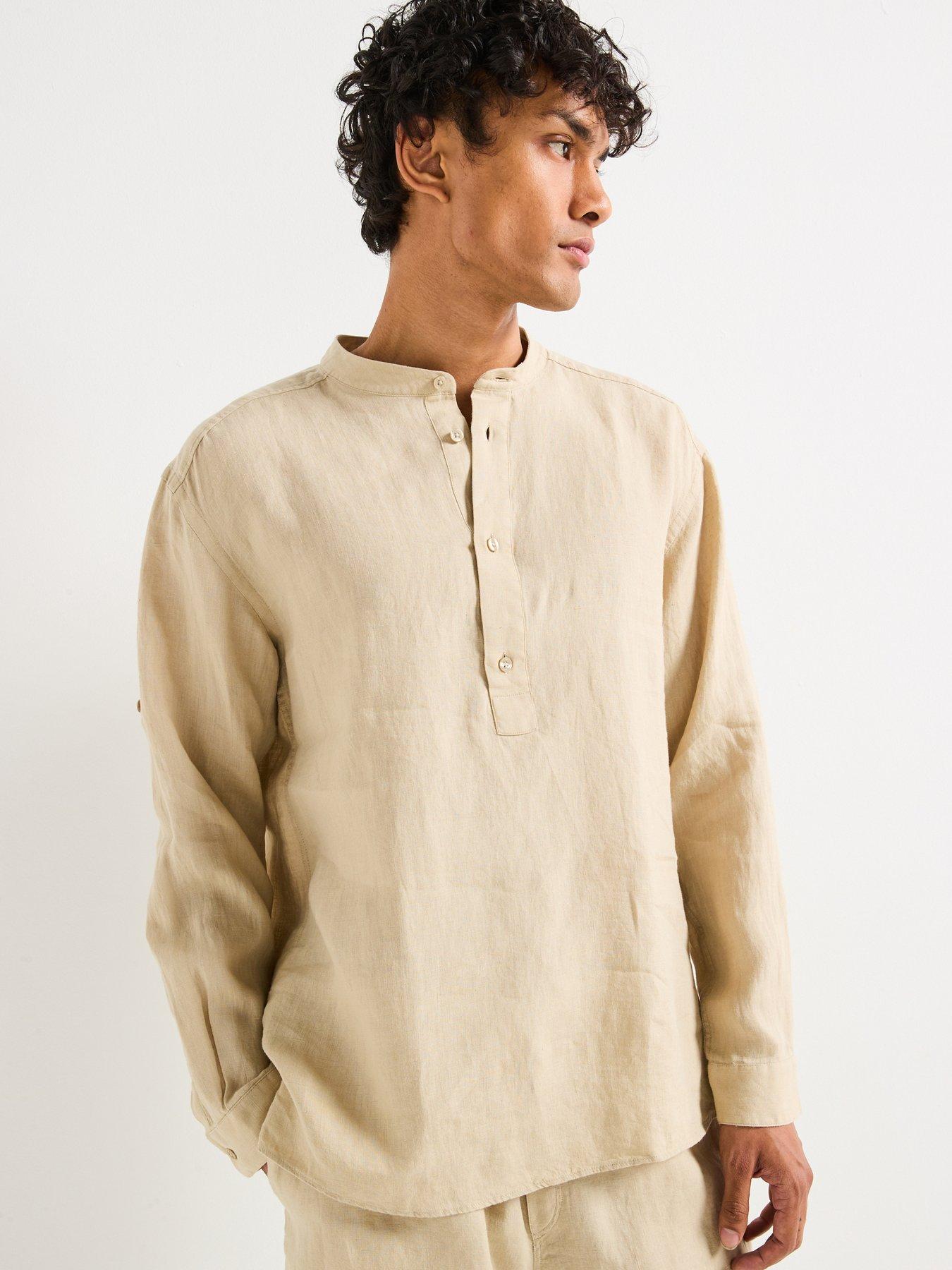 Image of BOSS C-Cory Relaxed Fit Collarless Linen Shirt - Light Beige