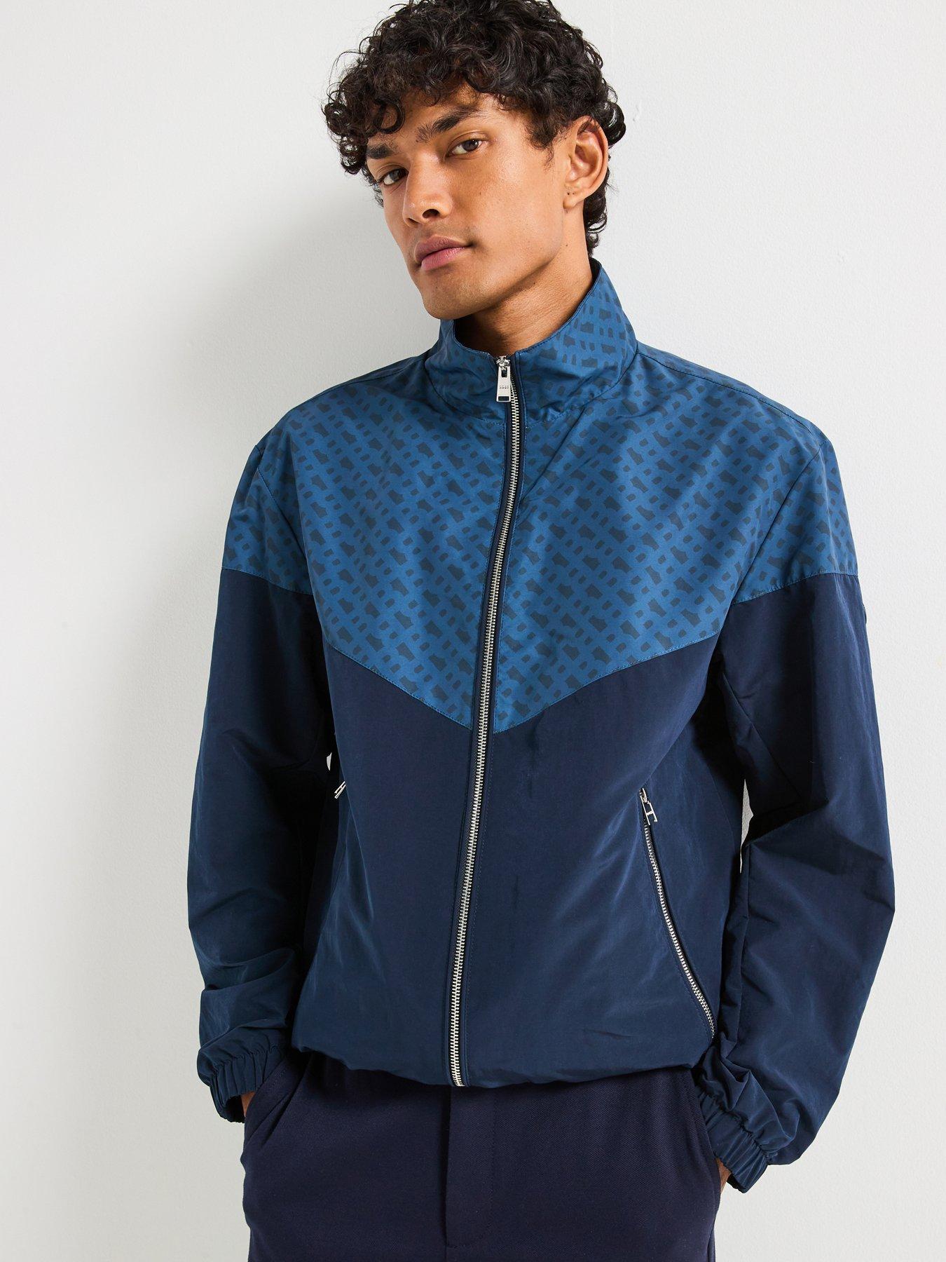 Image 1 of 6 of BOSS C-Cireno Regular Fit Monogram Print Harrington Jacket - Navy/Dark Blue
