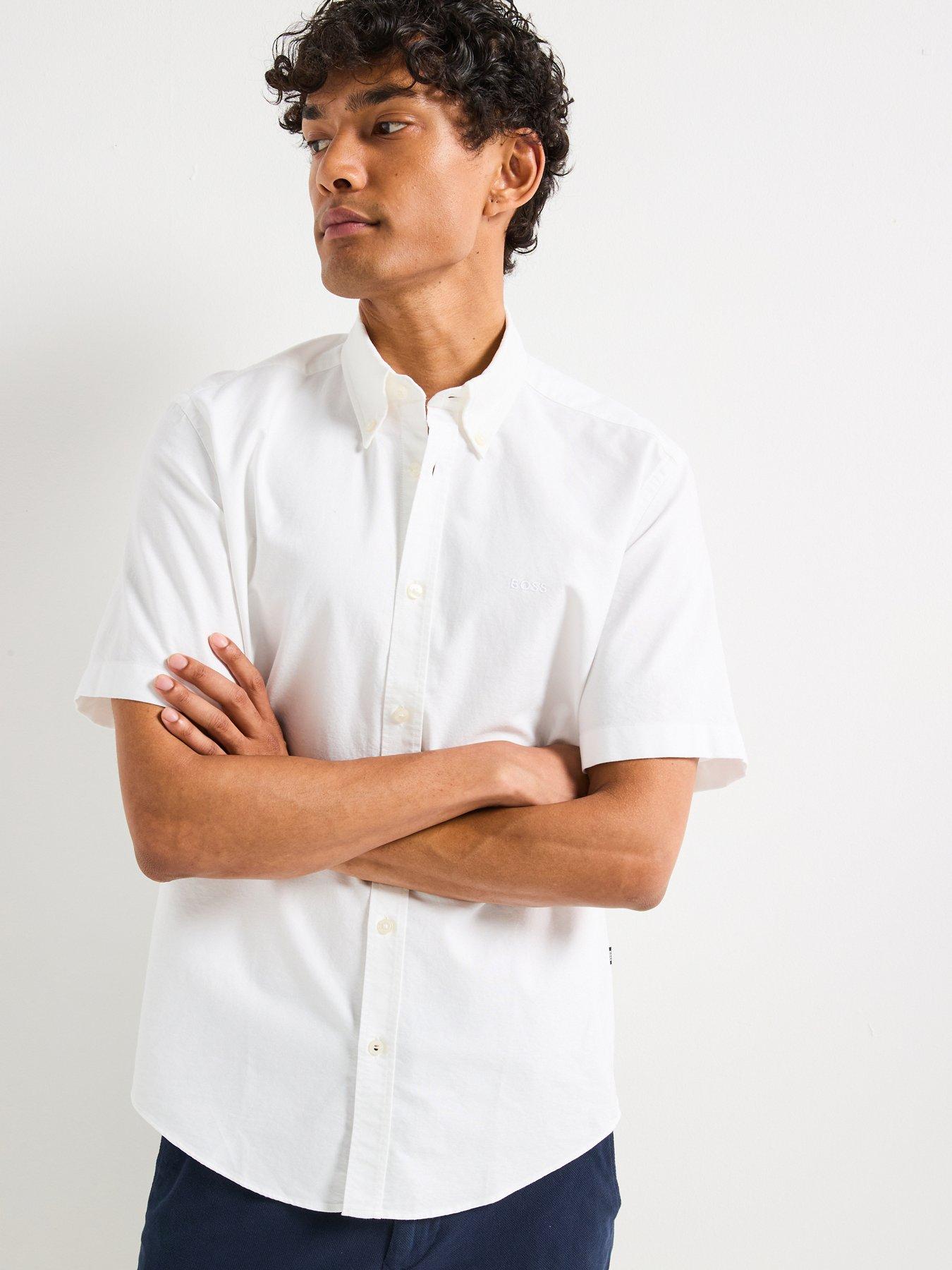 BOSS H-Liam Regular Fit Oxford Logo Short Sleeve Shirt - White
