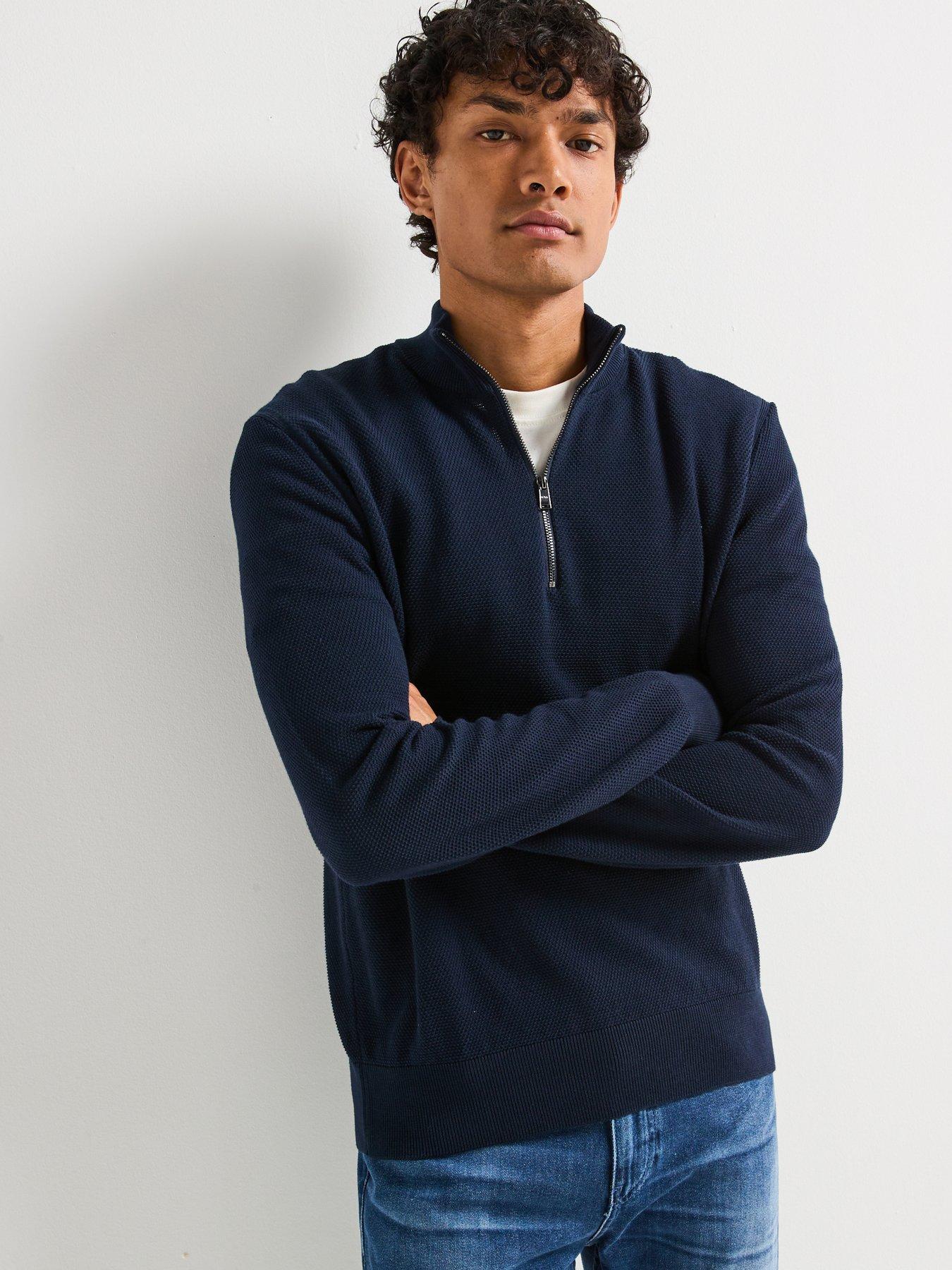 Image of BOSS Ebrando-P Regular Fit Quarter Zip Knitted Jumper - Dark Blue
