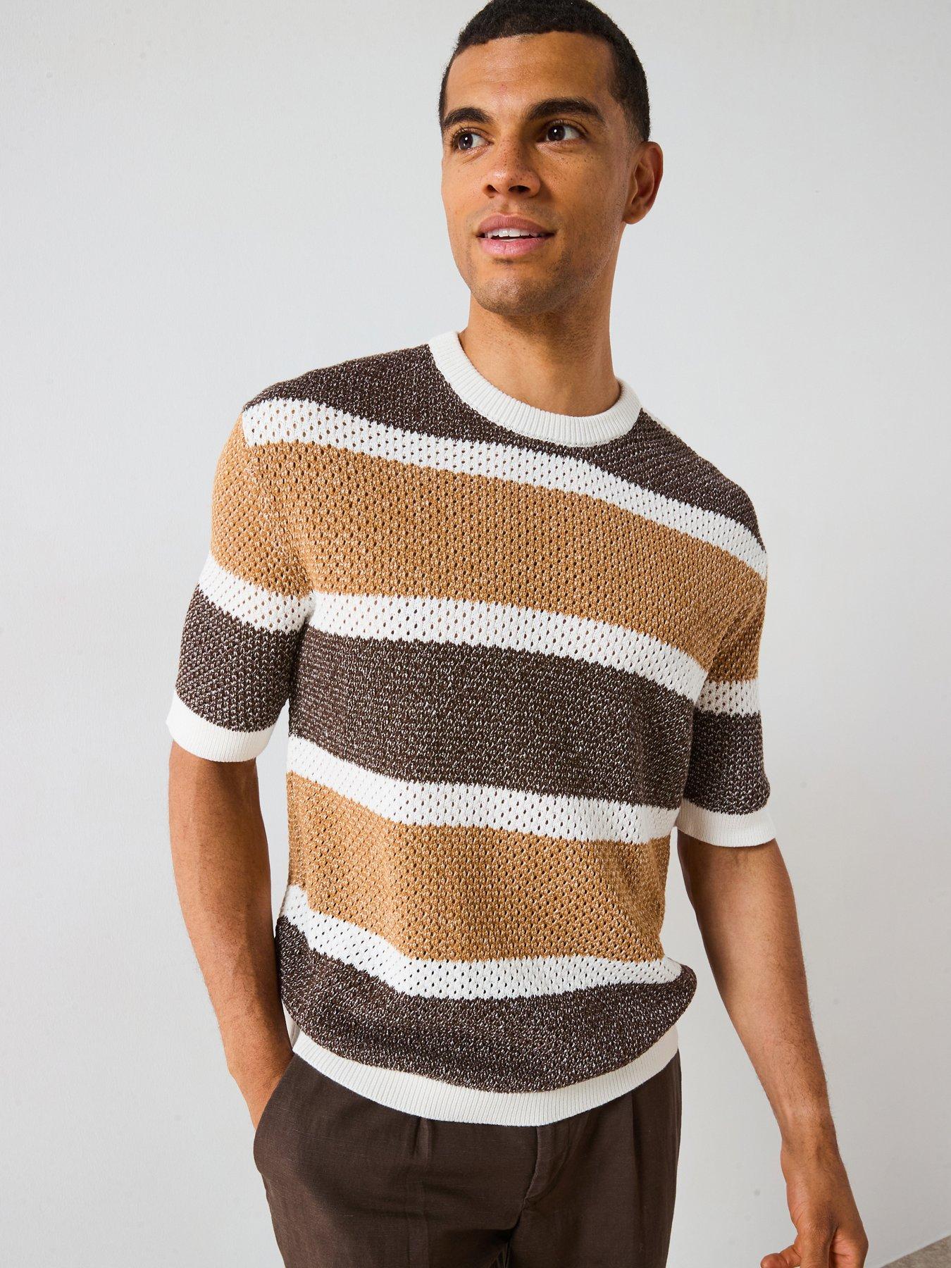 Selected Homme Ginger Short Sleeve Relaxed Stripe Knitted T-Shirt - Brown
