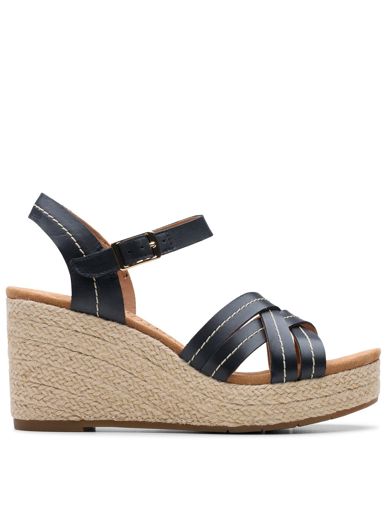 Clarks Sabina Strap Leather Wedges - Black