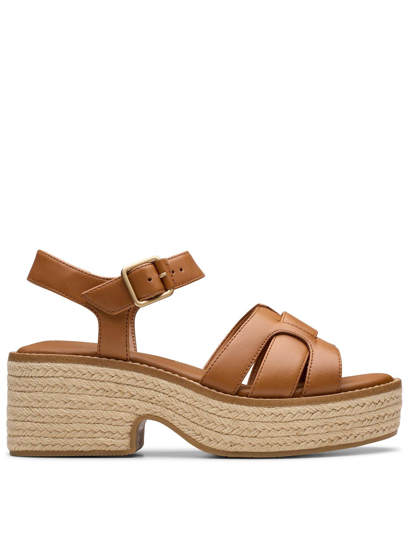 Clarks Coledale Strap Leather Platform Wedge Heel - Tan