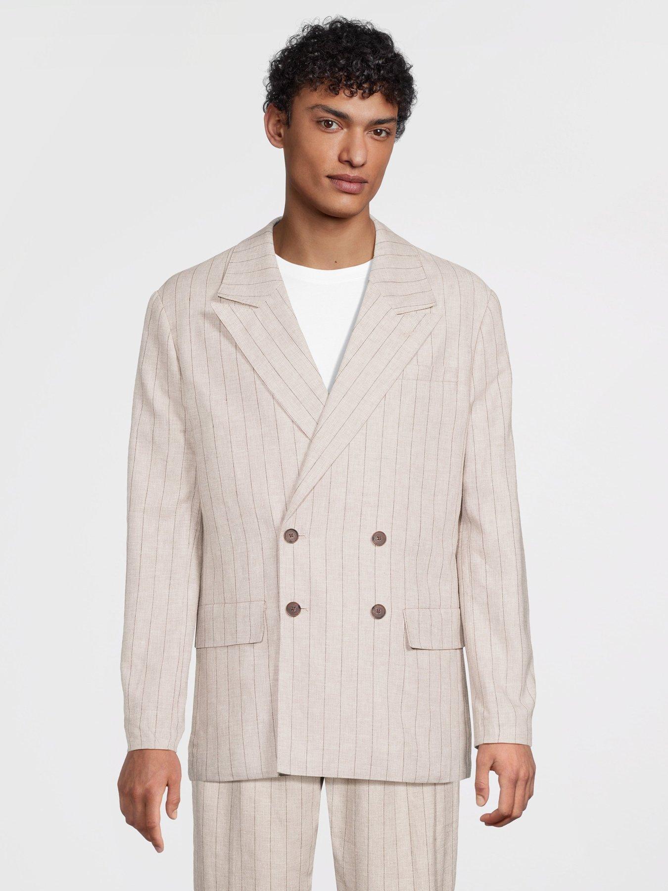 Selected Homme Relaxed Fit Malik Pinstriped Double Breasted Blazer - Beige
