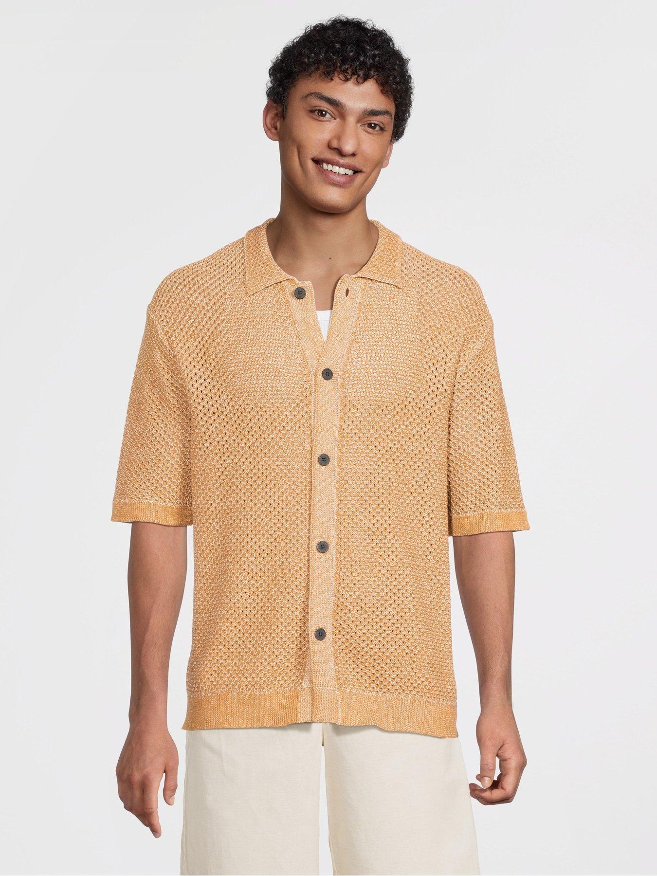 selected-homme-ginger-short-sleeve-relaxed-fit-knitted-polo-cardigan-light-brownfront