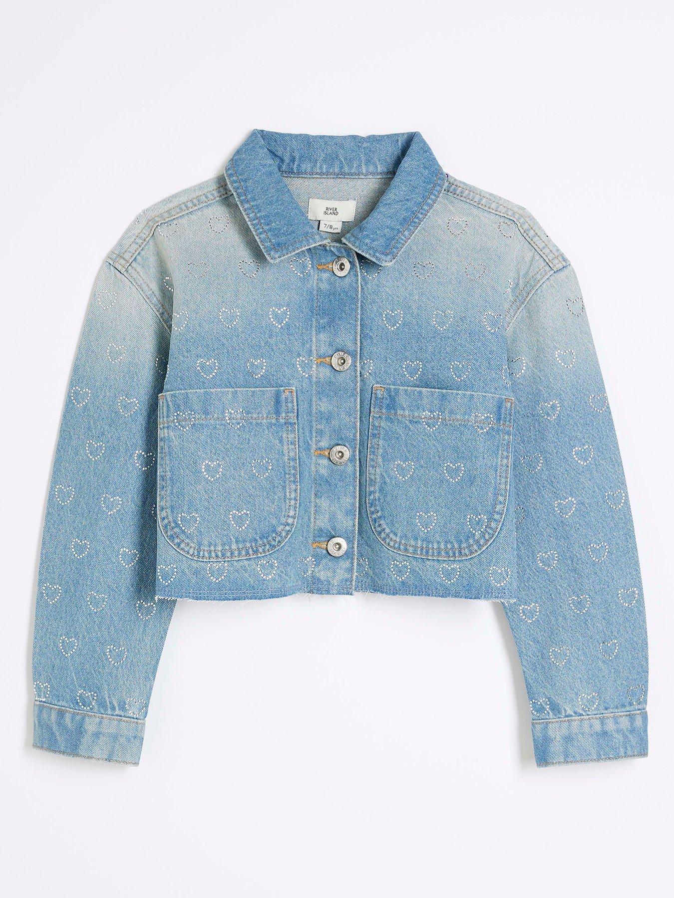 Image 1 of 5 of River Island Girls Rhinestone Denim Heart Jacket - Mid Blue