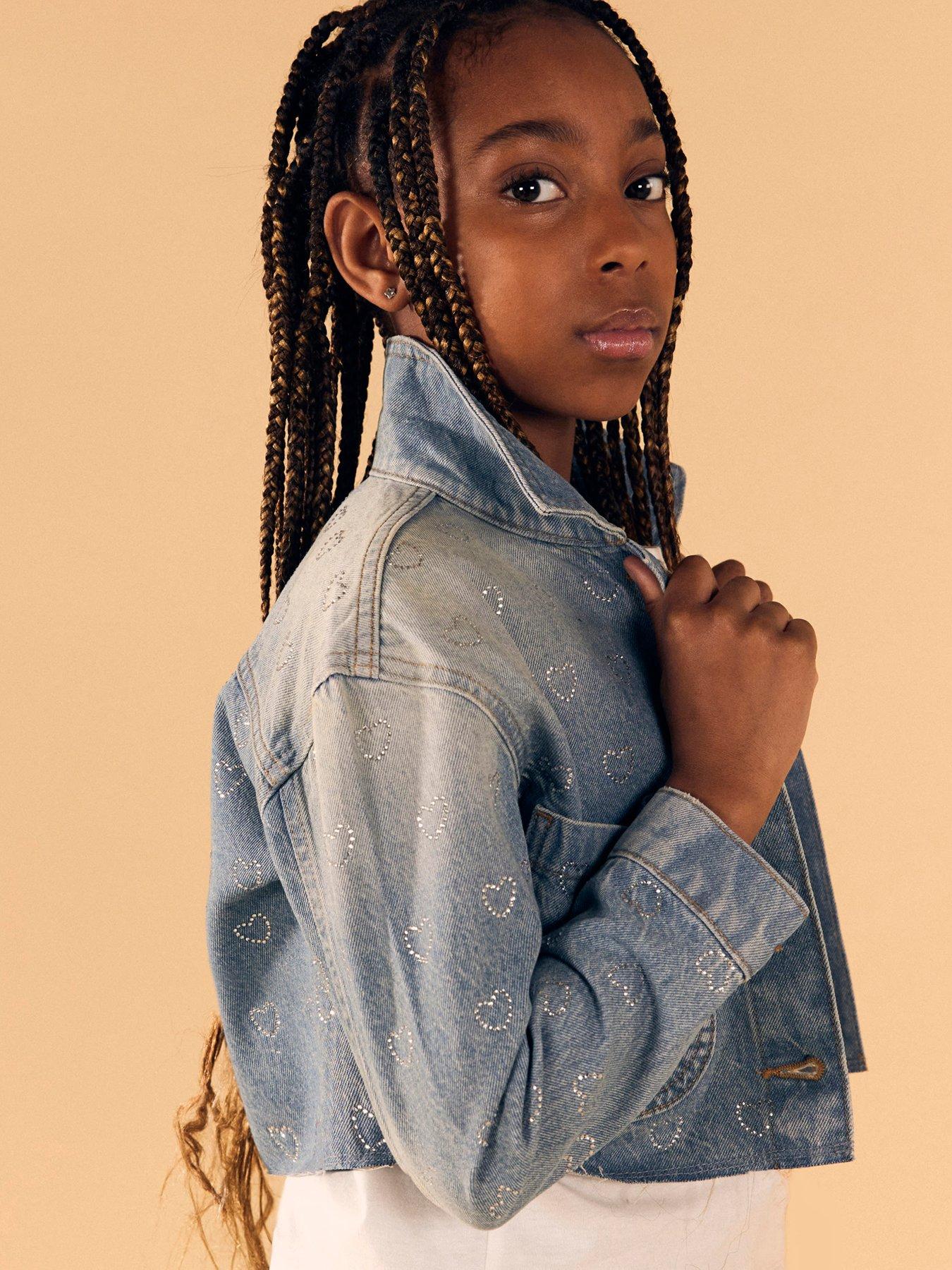 Image 2 of 5 of River Island Girls Rhinestone Denim Heart Jacket - Mid Blue