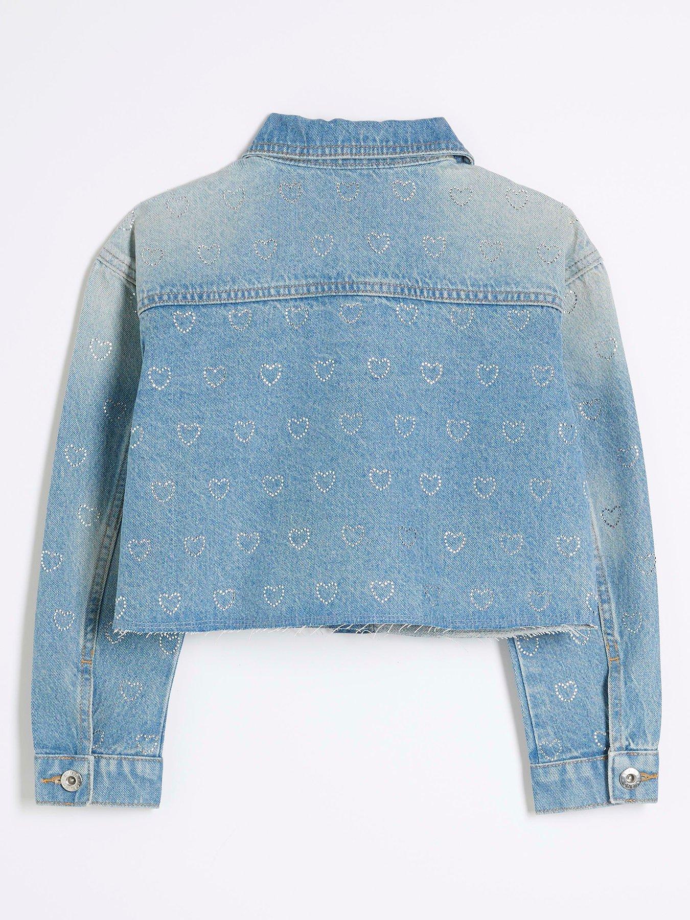 Image 3 of 5 of River Island Girls Rhinestone Denim Heart Jacket - Mid Blue