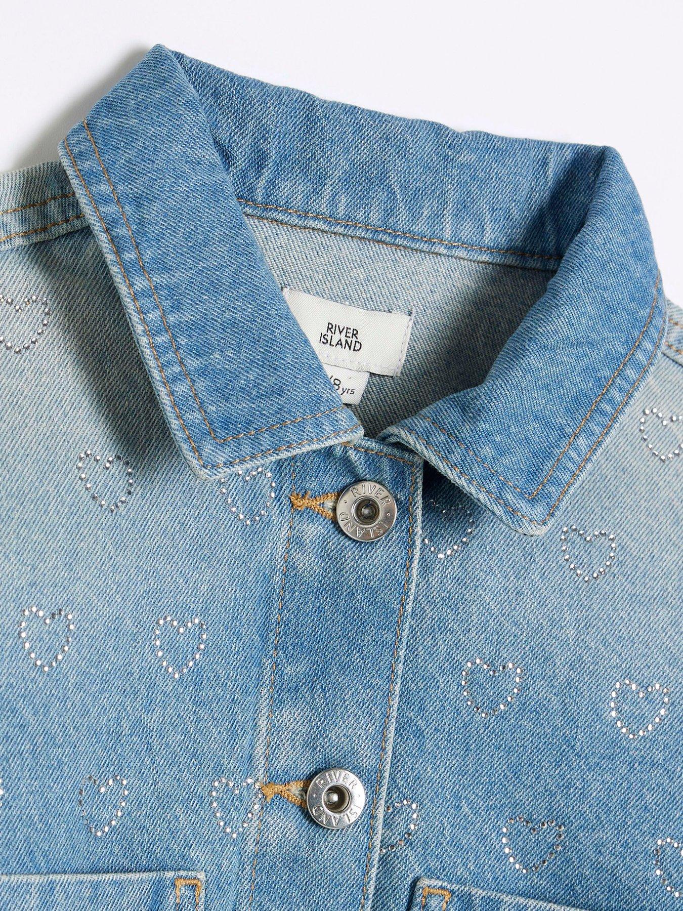 Image 4 of 5 of River Island Girls Rhinestone Denim Heart Jacket - Mid Blue