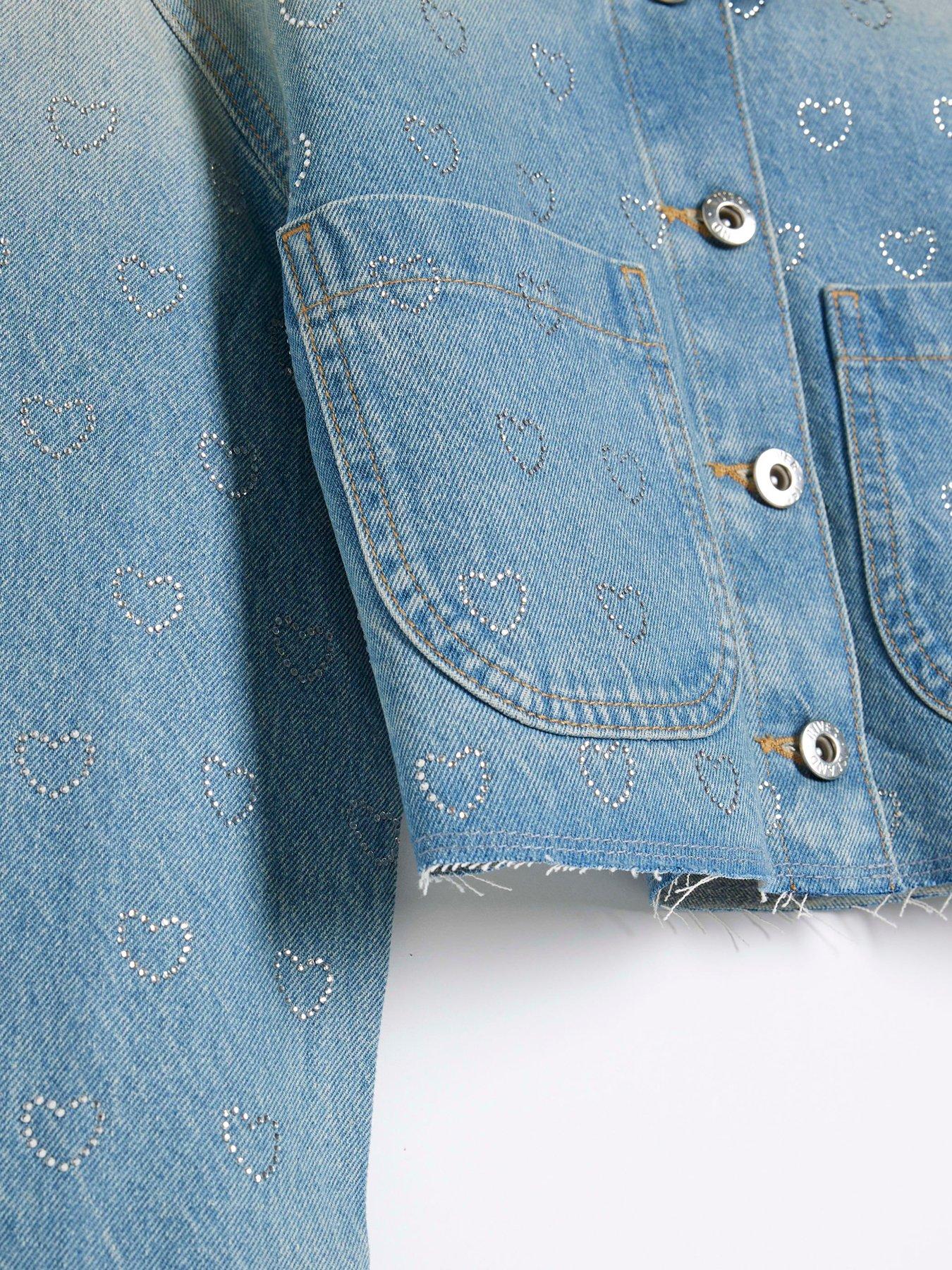 Image 5 of 5 of River Island Girls Rhinestone Denim Heart Jacket - Mid Blue