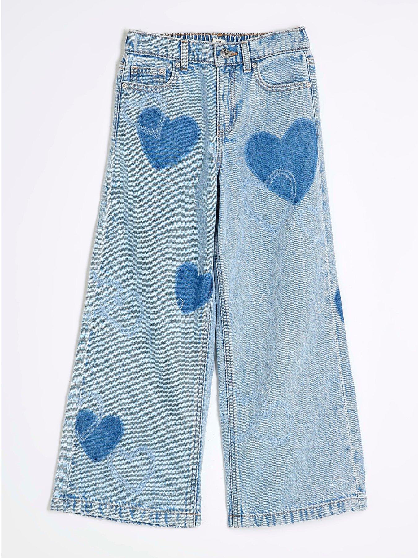 Image 1 of 4 of River Island Girls Heart Wide Leg Jeans - Midi - Blue