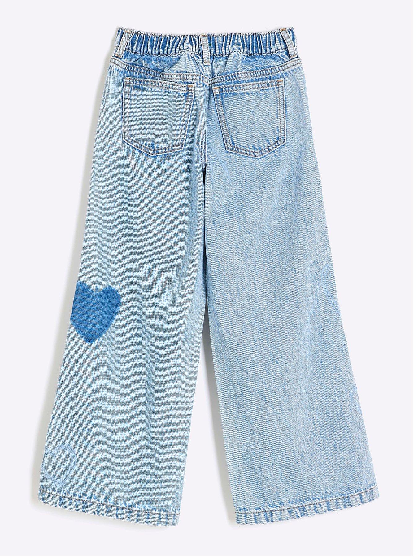 Image 2 of 4 of River Island Girls Heart Wide Leg Jeans - Midi - Blue